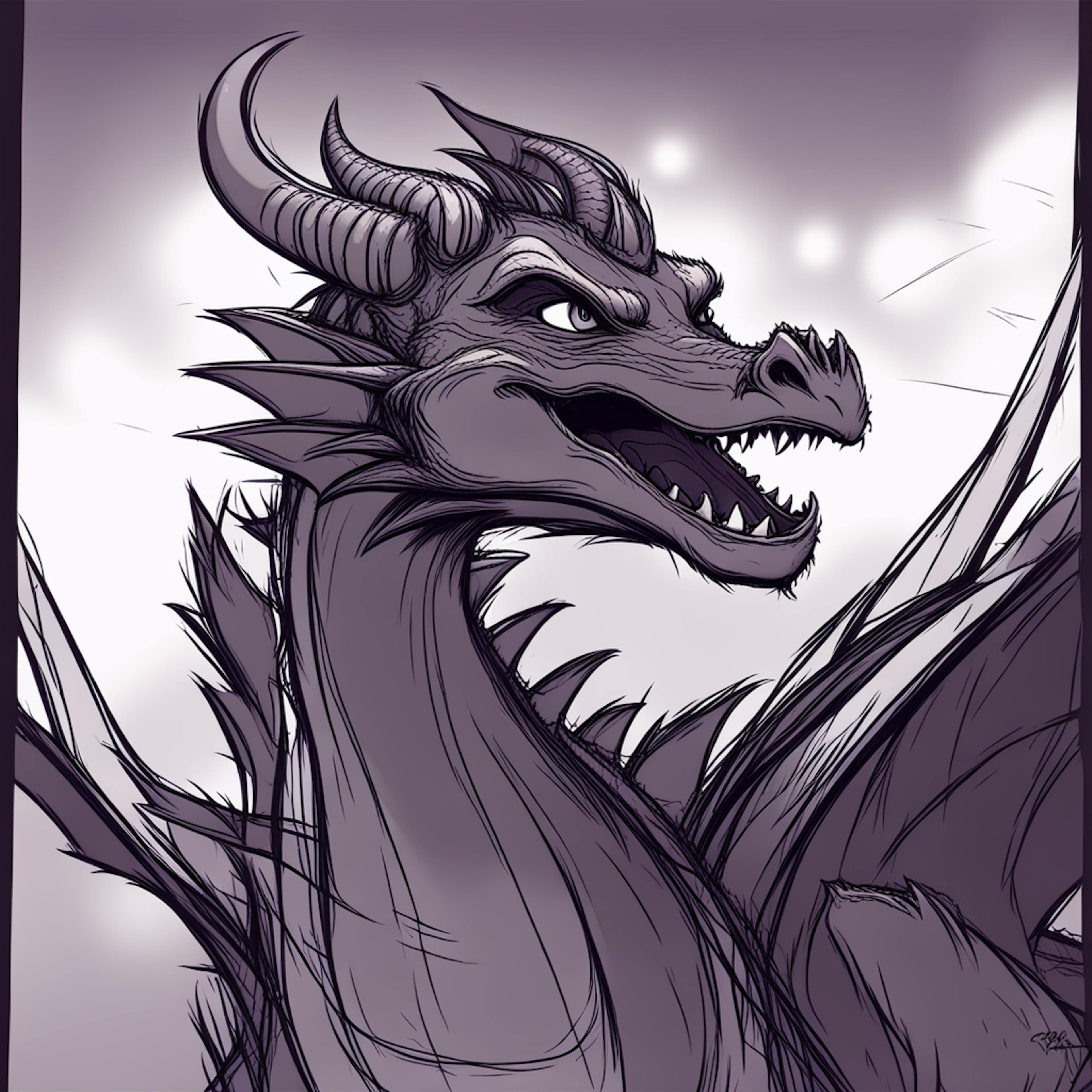 A full view of a dragon drawn in a monochromatic sketch style, displaying wings spread and a powerful stance. Its face is expressive, suggesting readiness for action, ideal for inspiring adventure-themed prompts in an AI story generator.