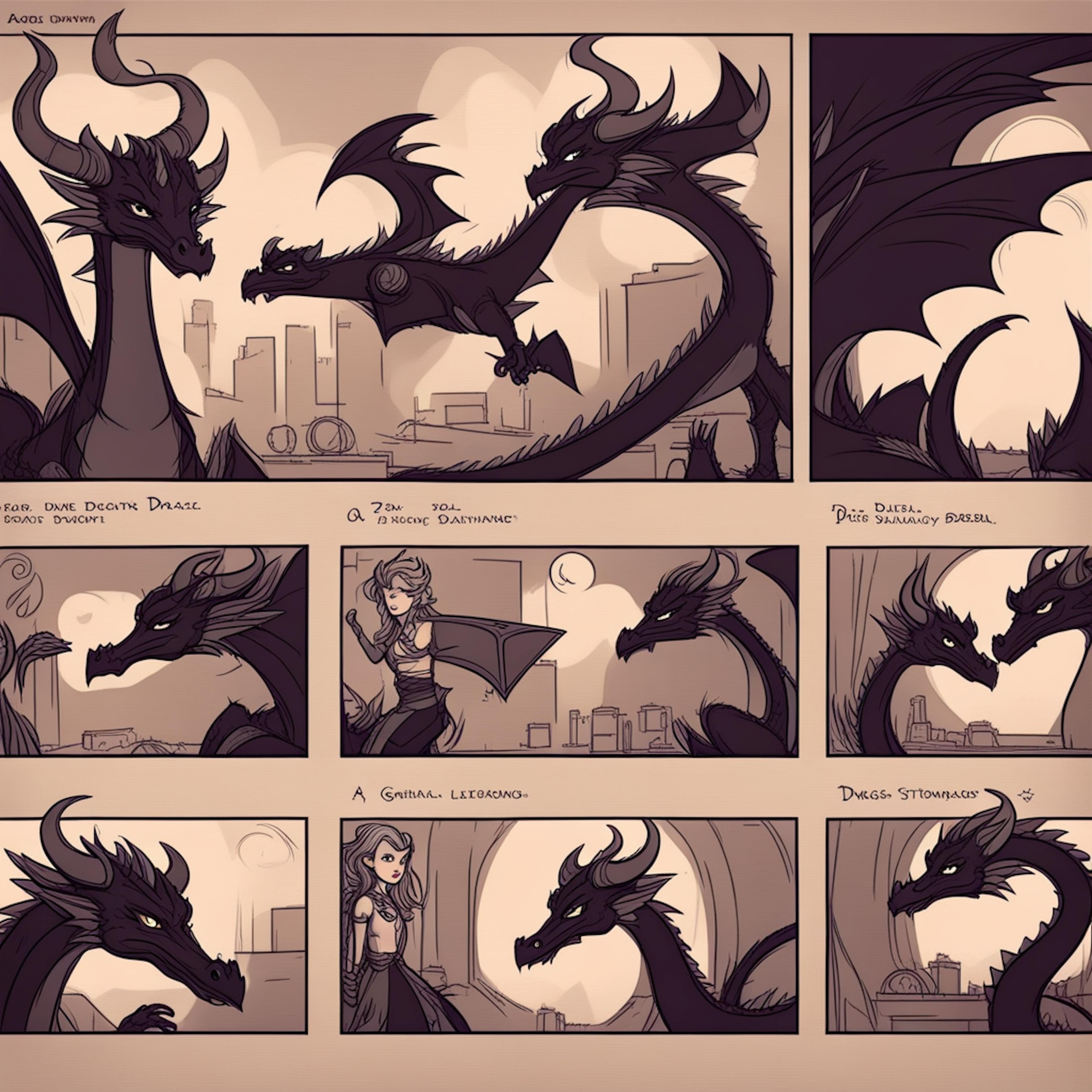 A storyboard-style illustration featuring multiple panels of a dragon interacting with a character. The sequence shows varied expressions and settings, providing a rich narrative flow that could be used as an example in AI story prompt generation, especially for fantasy storytelling.