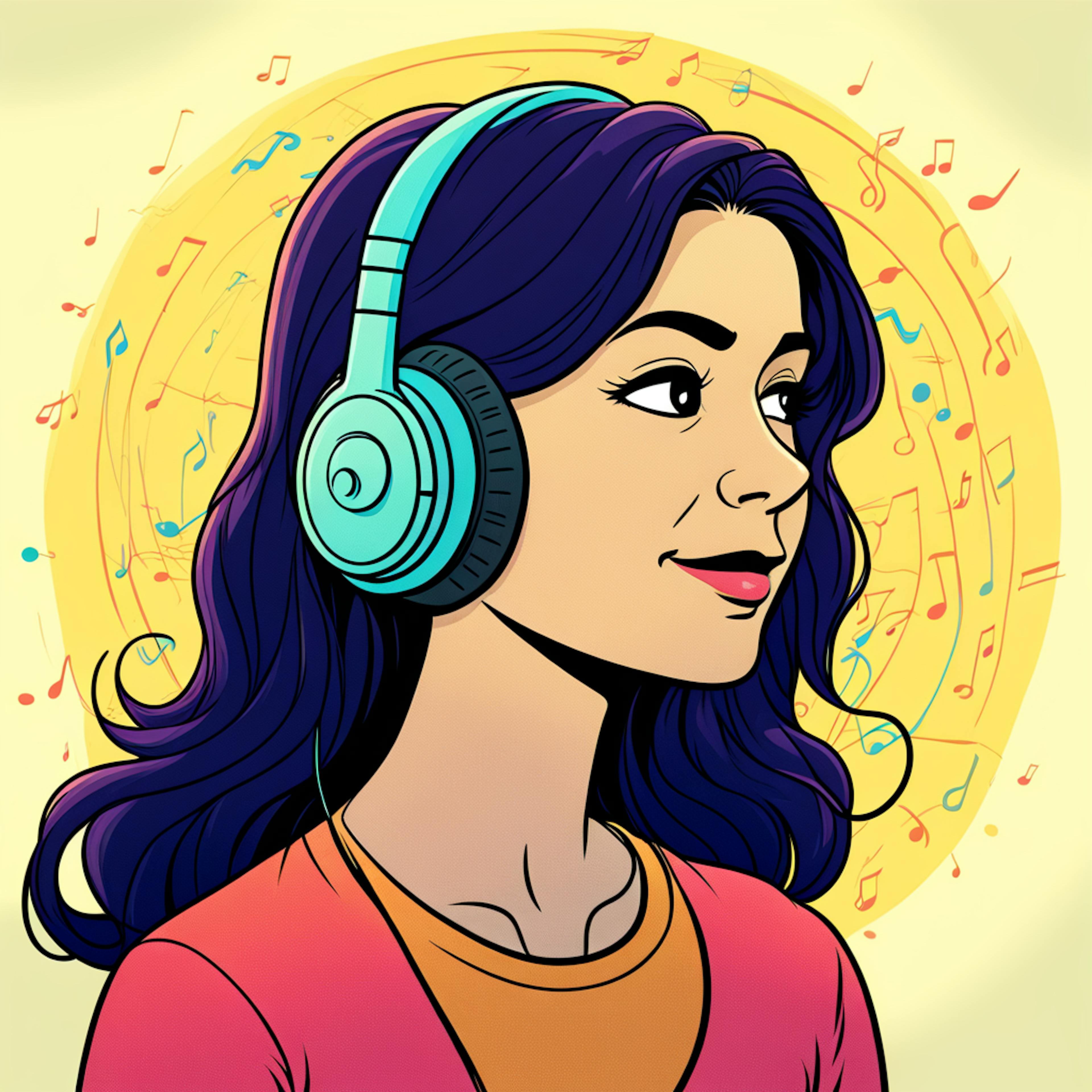 A vibrant digital illustration of a young woman wearing turquoise headphones, enjoying music with a contented expression. Surrounding her are colorful musical notes, symbolizing the immersive experience of sound. Keywords: ai music generator.