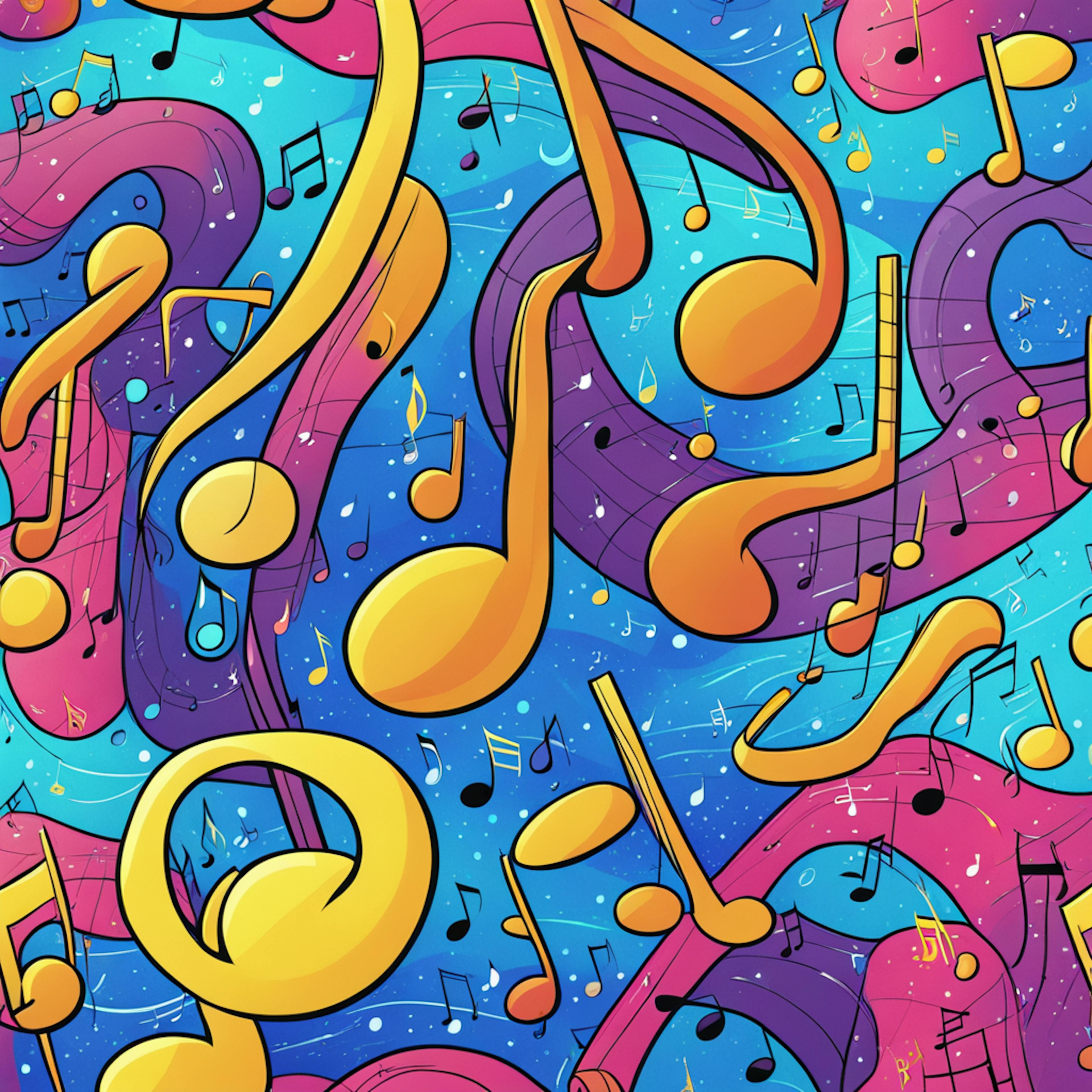 An energetic and visually captivating pattern of golden musical notes floating against a background of swirling blue and purple waves, representing the creativity and dynamism of an ai music generator.