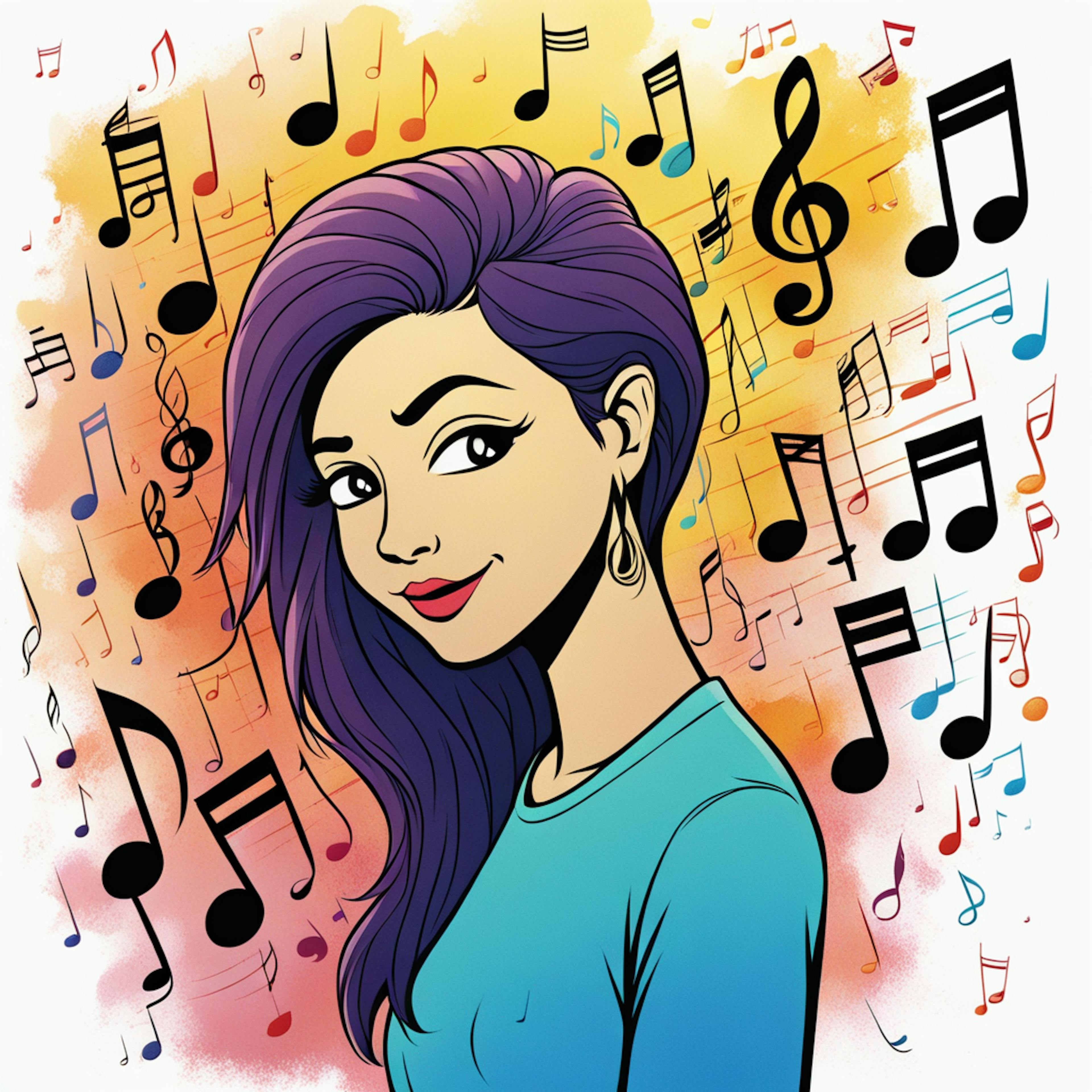 A playful and stylized illustration of a young woman with purple hair, smiling as musical notes float around her. The background transitions from warm yellows to bright oranges, echoing the lively essence of music created by an ai music generator.