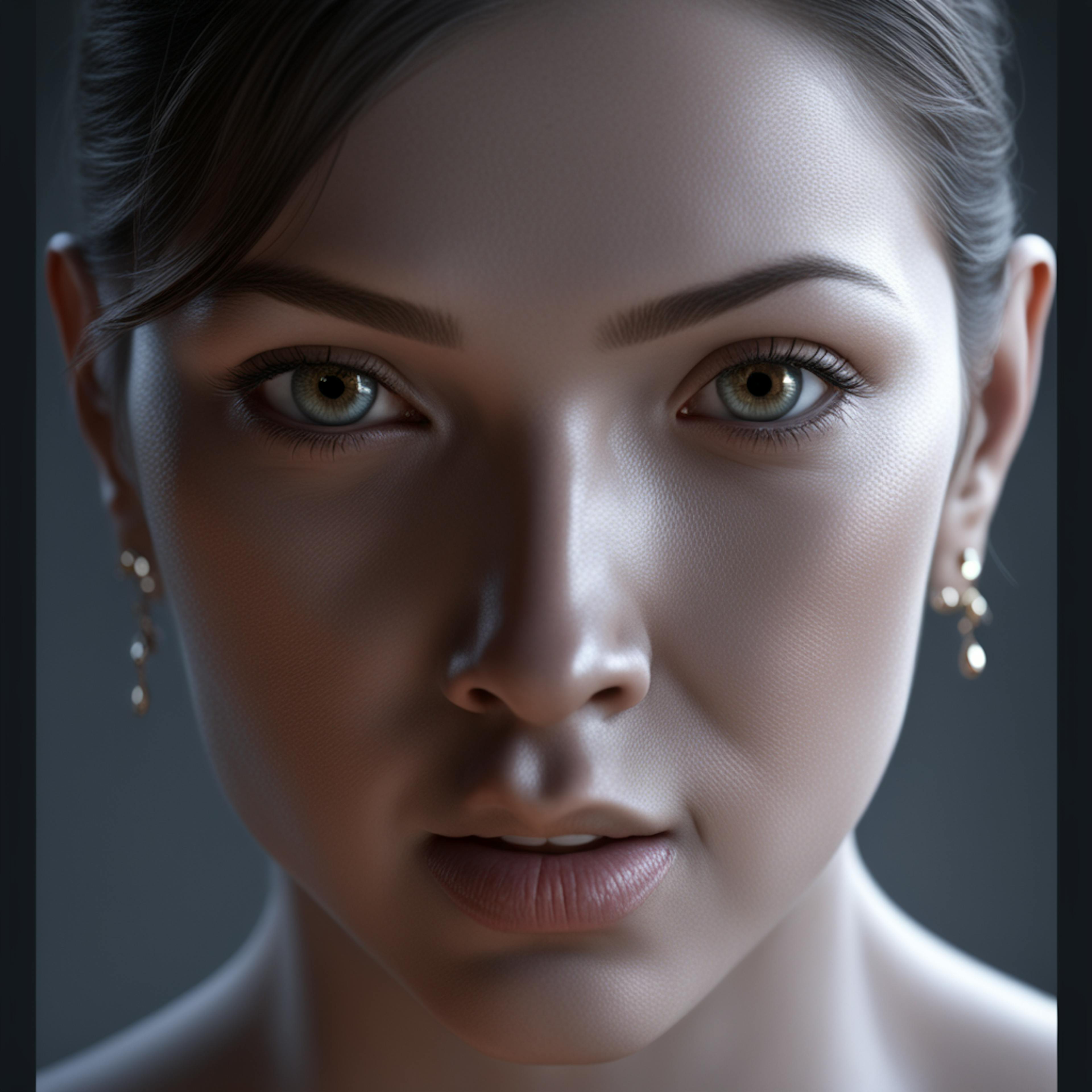 Portrait of a woman with intense gaze, showcasing detailed textures in skin and jewelry, capturing the precision of AI-generated imagery in a debate on "AI art vs human art."