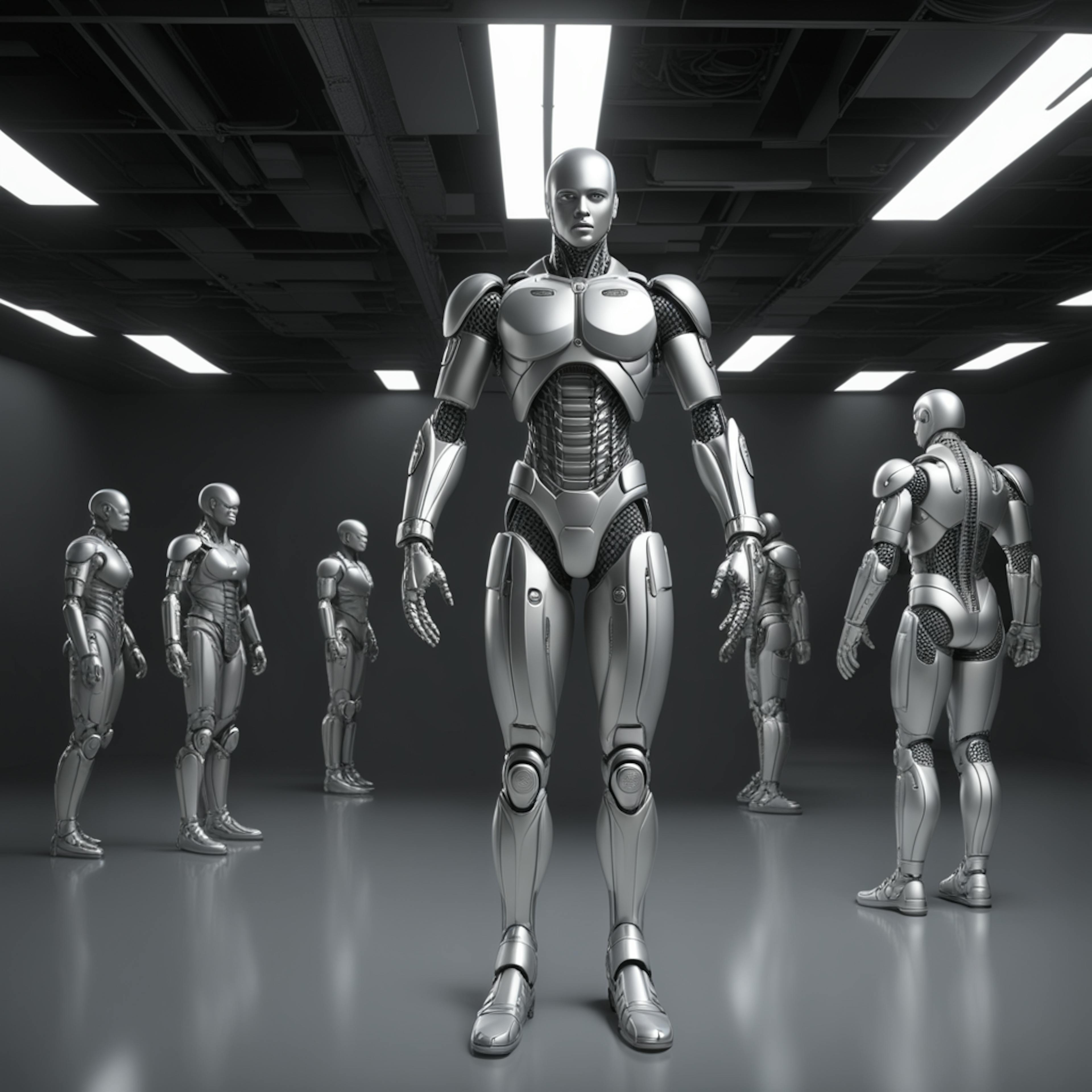 Futuristic scene of humanoid robots in a sterile, industrial environment, highlighting AI's capacity to create complex, lifelike figures, contributing to the "AI art vs human art" conversation.