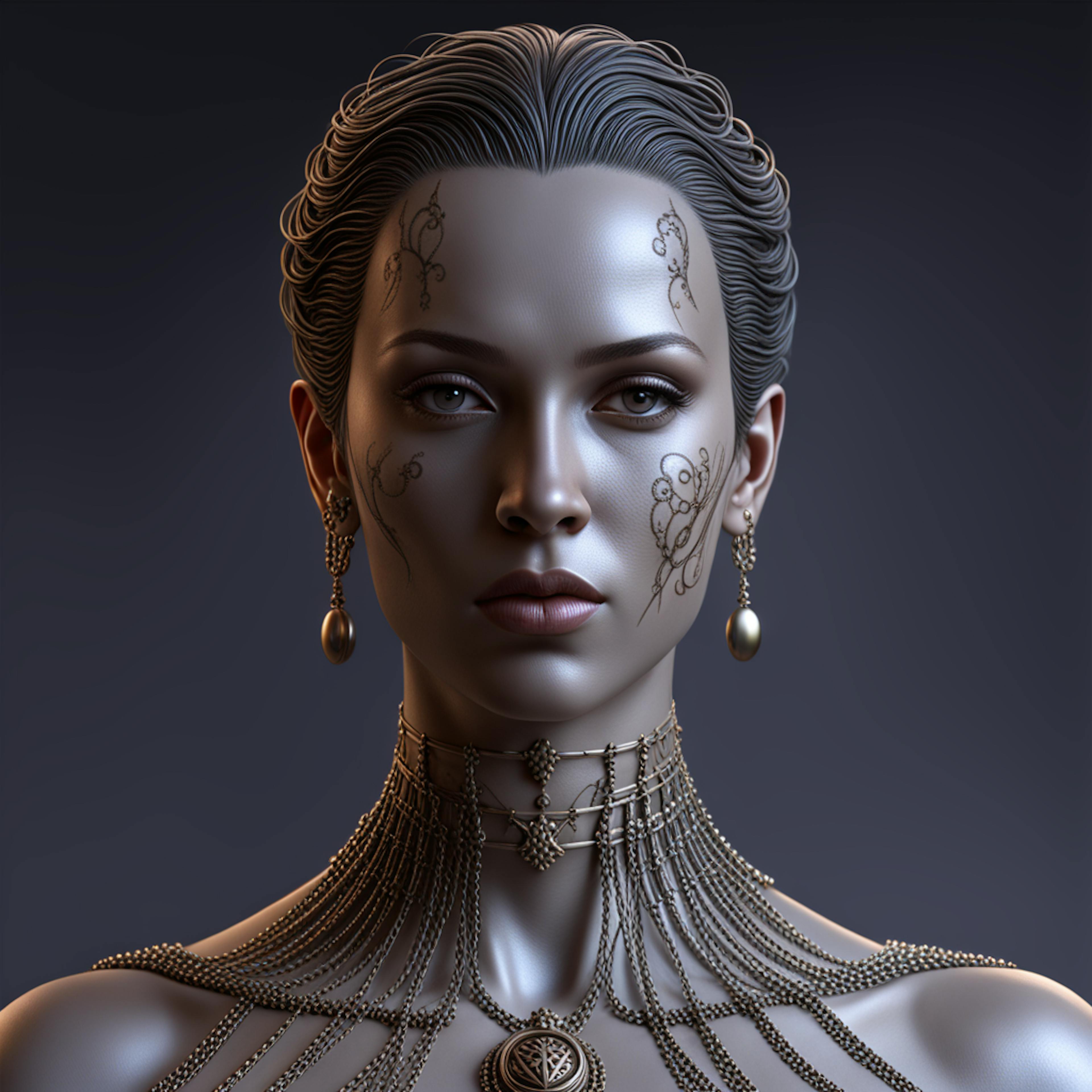 Intricately designed portrait of a woman with ornate jewelry and facial markings, reflecting the sophistication and depth achievable by AI in the ongoing discussion of "AI art vs human art."