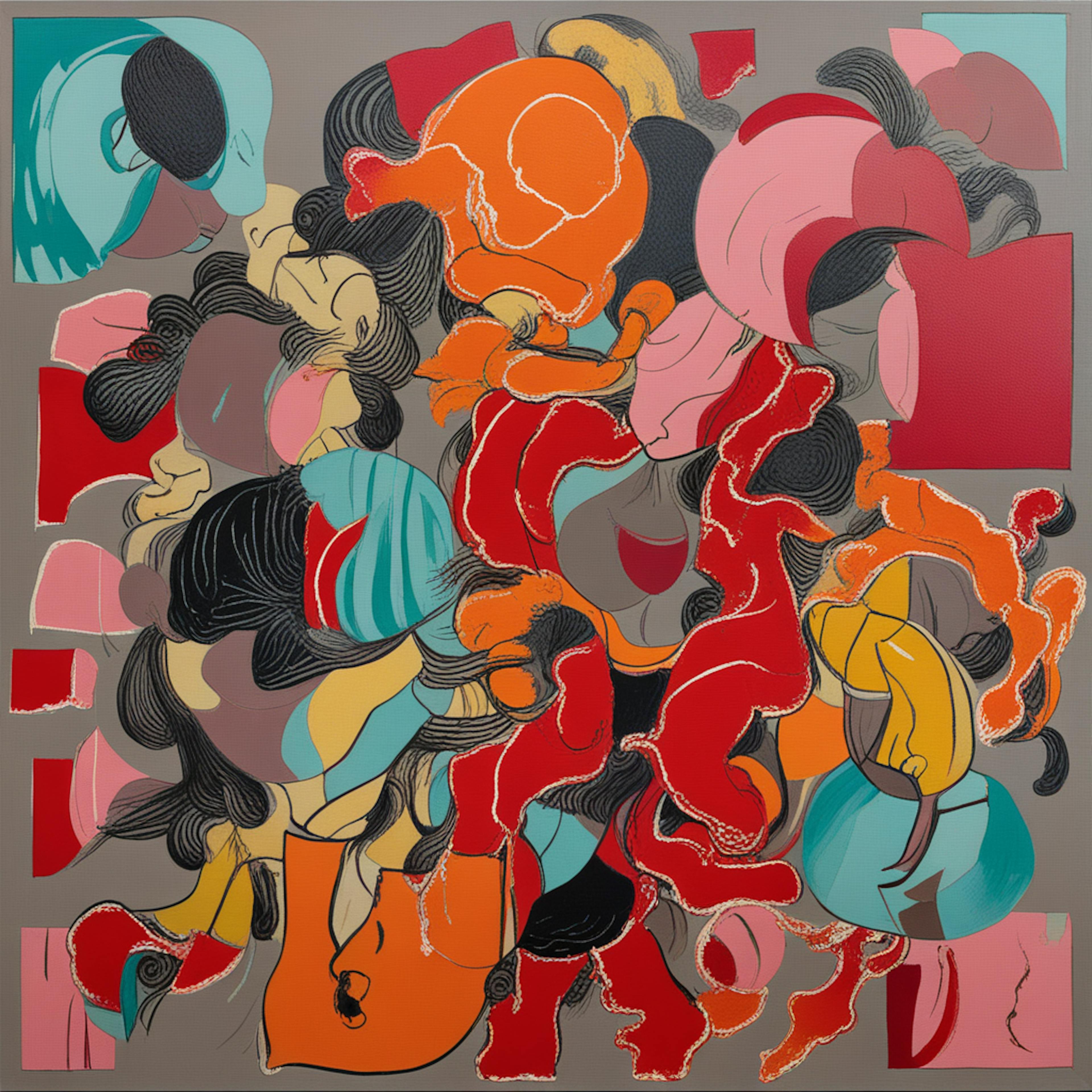 Colorful AI-generated abstract artwork featuring dynamic, flowing shapes in red, teal, and orange. Created with a free AI art generator, the piece shows a vibrant interaction of colors and patterns that evoke movement and complexity in a balanced composition.