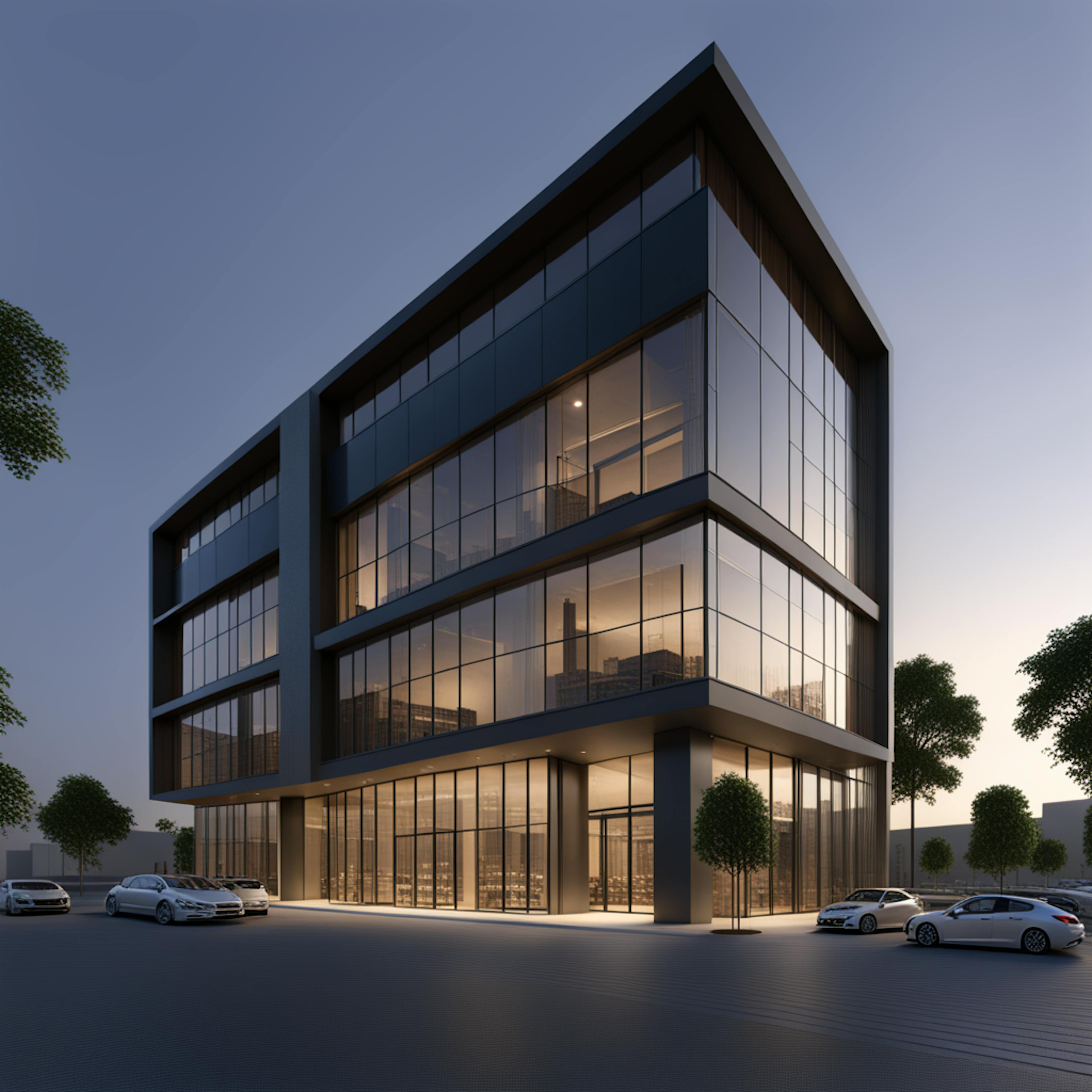 A modern office building with large glass windows, reflecting the twilight sky, represents a sleek space where advanced ad optimization strategies could be planned, enhancing business visibility.