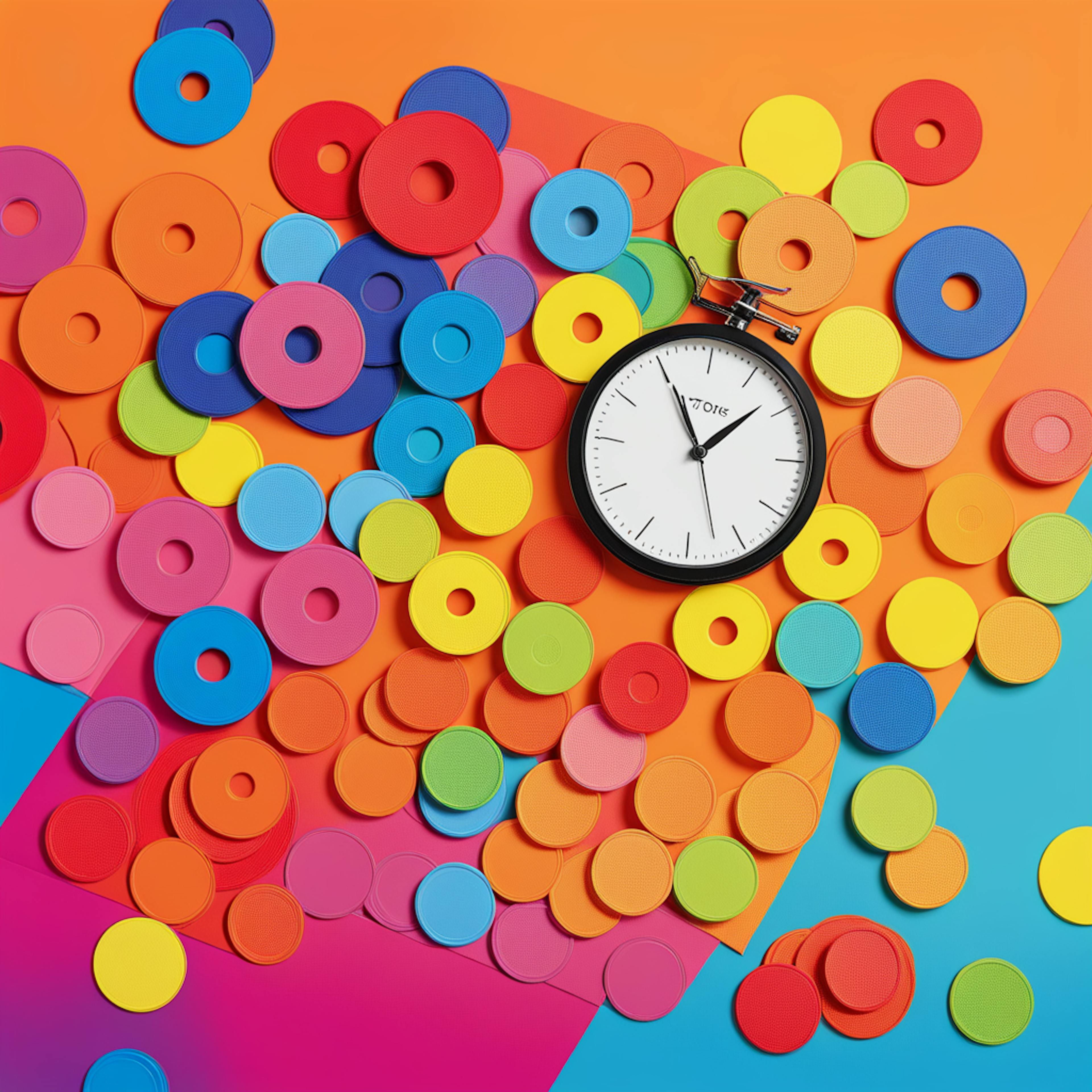 A top-down arrangement of multicolored circles scattered around a stopwatch, symbolizing the structured timing and strategy involved in "account based marketing," set against a lively and colorful backdrop to emphasize precision and vibrancy in marketing tactics.