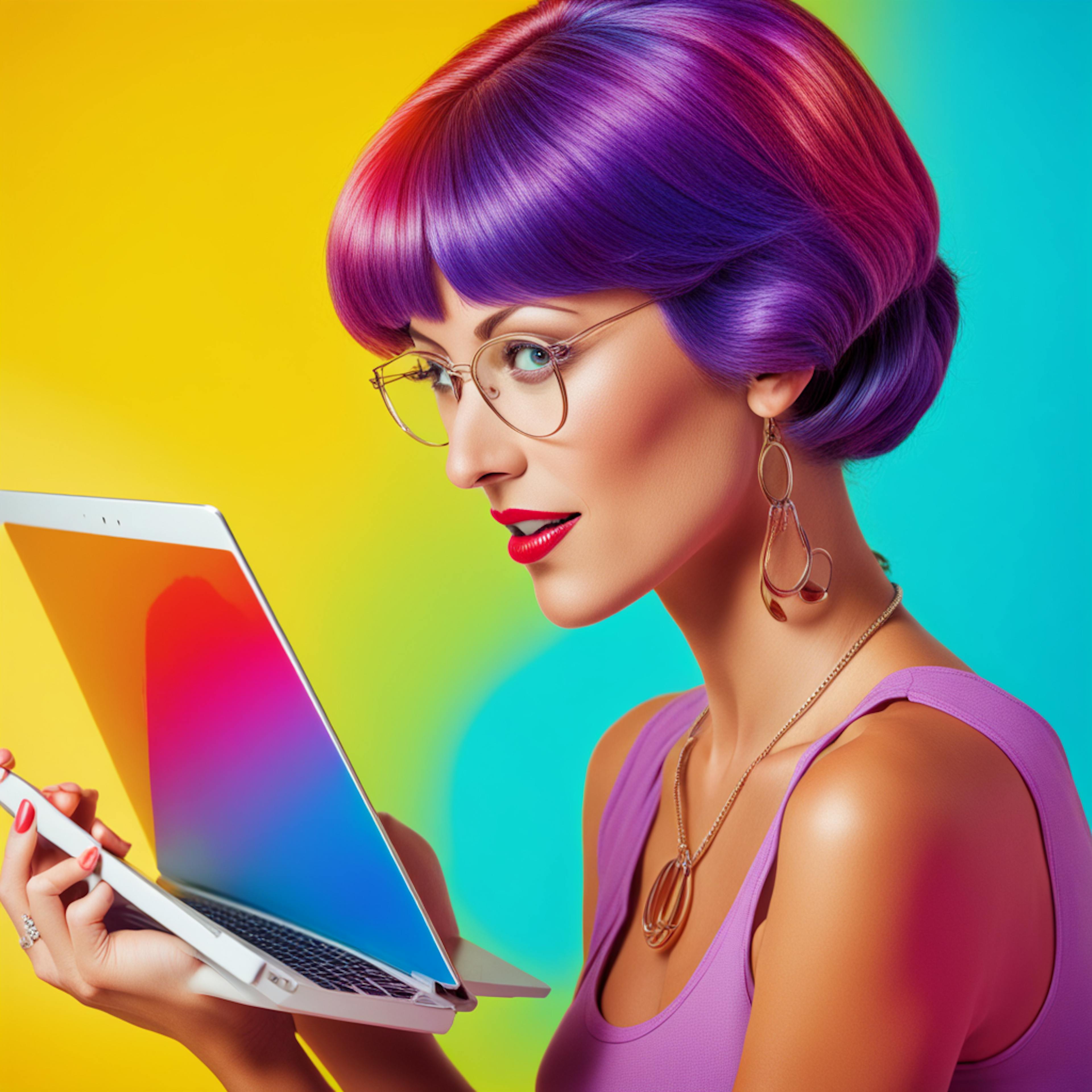 A vibrant, stylish woman with colorful purple and red hair, examining a laptop in a focused pose against a bright, multicolored background, representing "account based marketing" in a modern digital workspace.