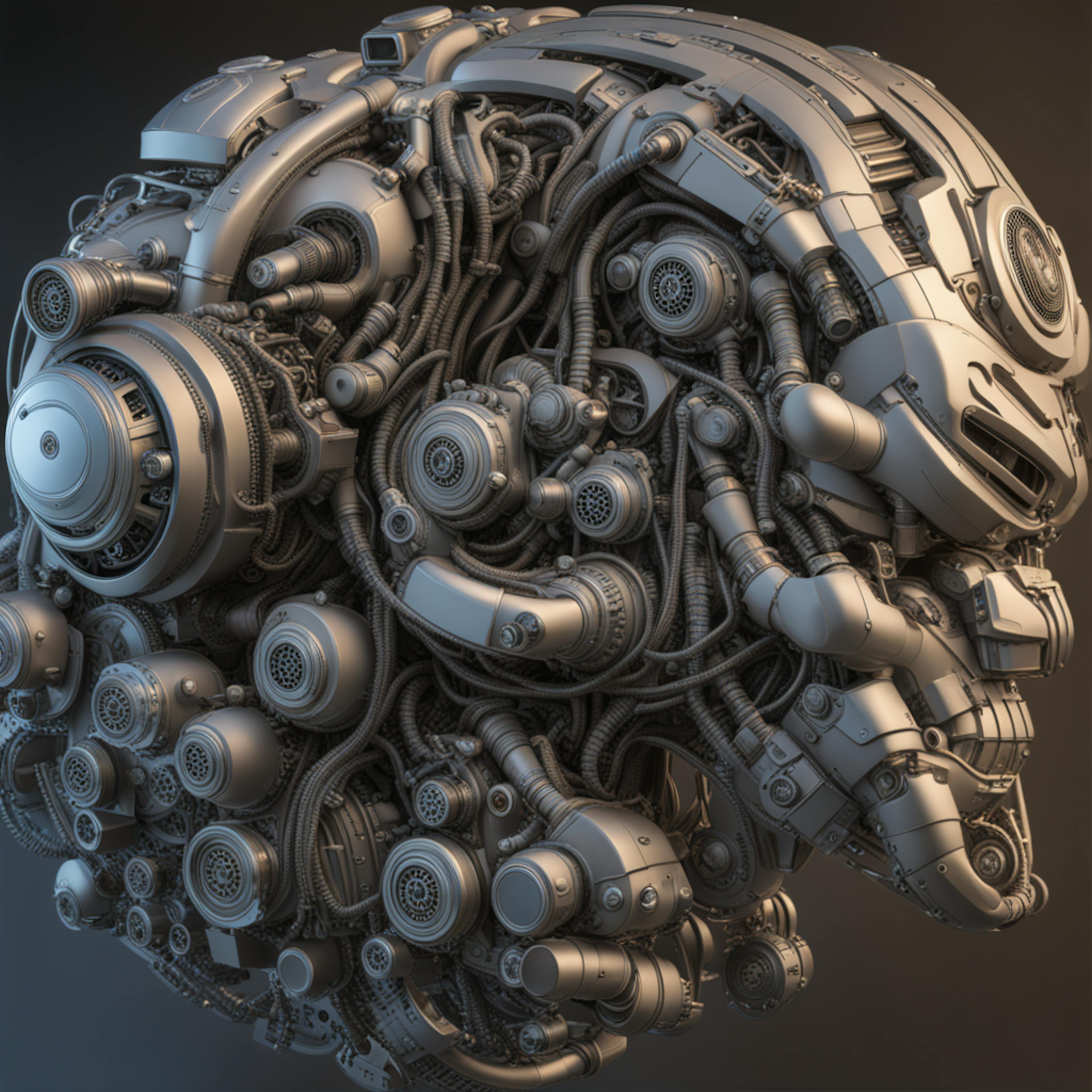 A complex arrangement of interconnected gears and wires forming a robotic skull, representing the technical intricacies achievable through a content AI generator.