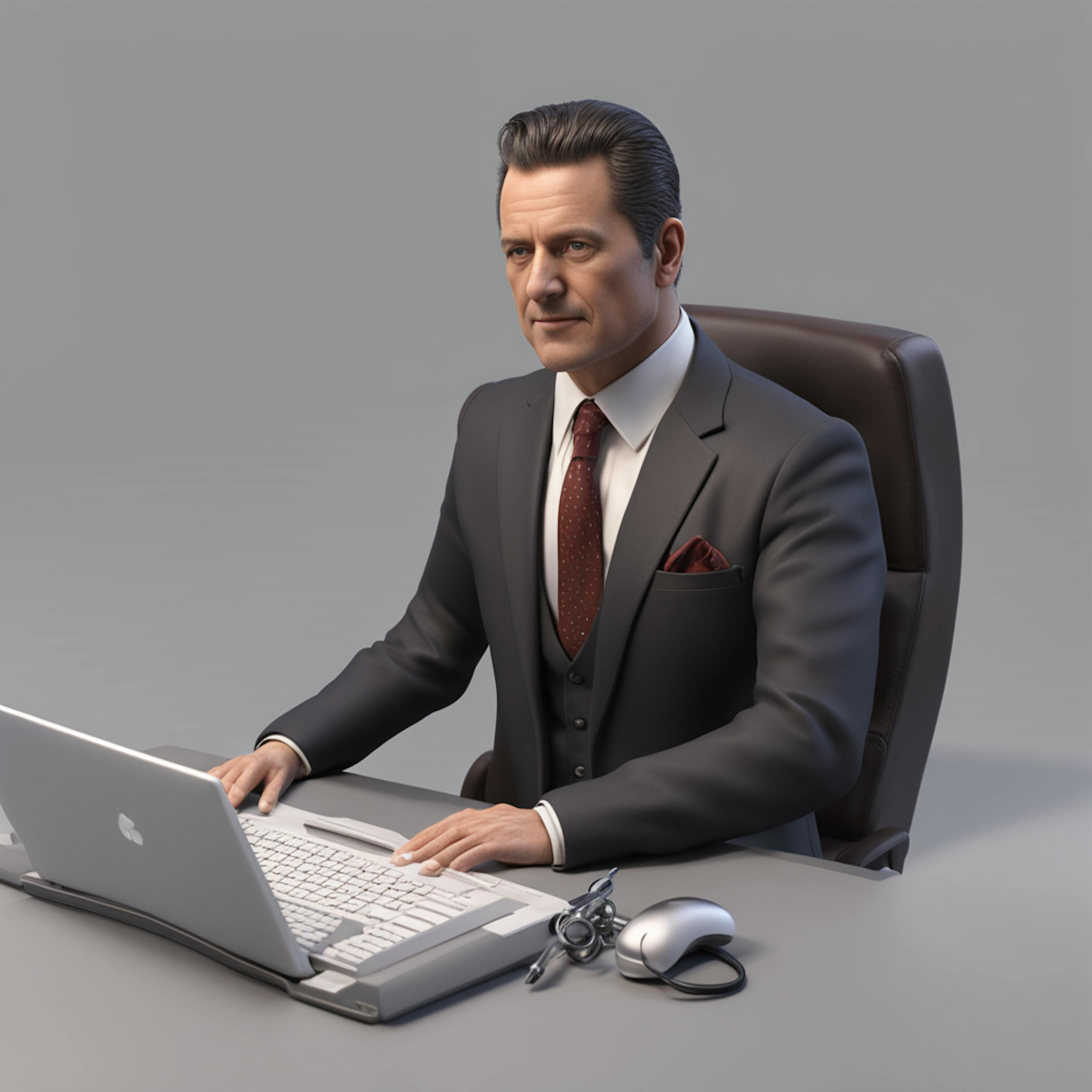 A professional man in a suit working intently at his desk with a laptop, symbolizing the productive applications of a content AI generator for professionals seeking efficiency and innovation in content creation.