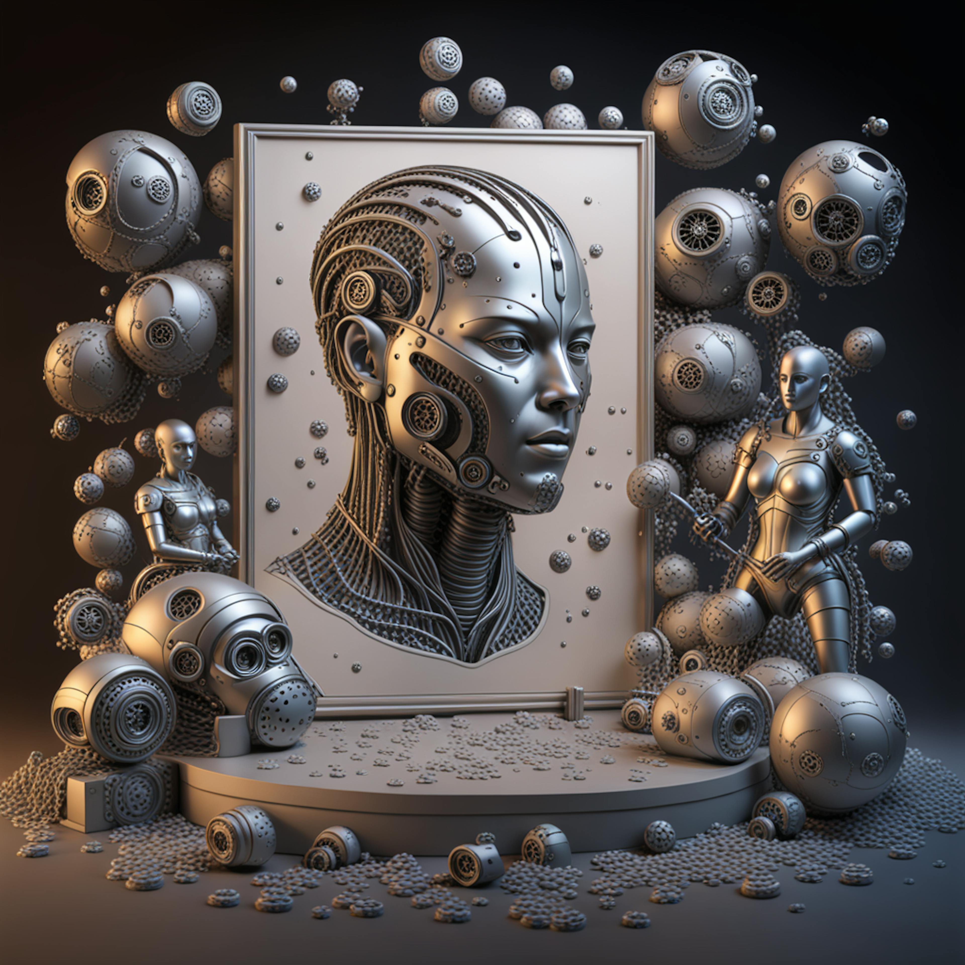 A highly detailed metallic portrait of a futuristic humanoid robot head, surrounded by spheres and gears, showcasing the intricate design possibilities of a content AI generator.