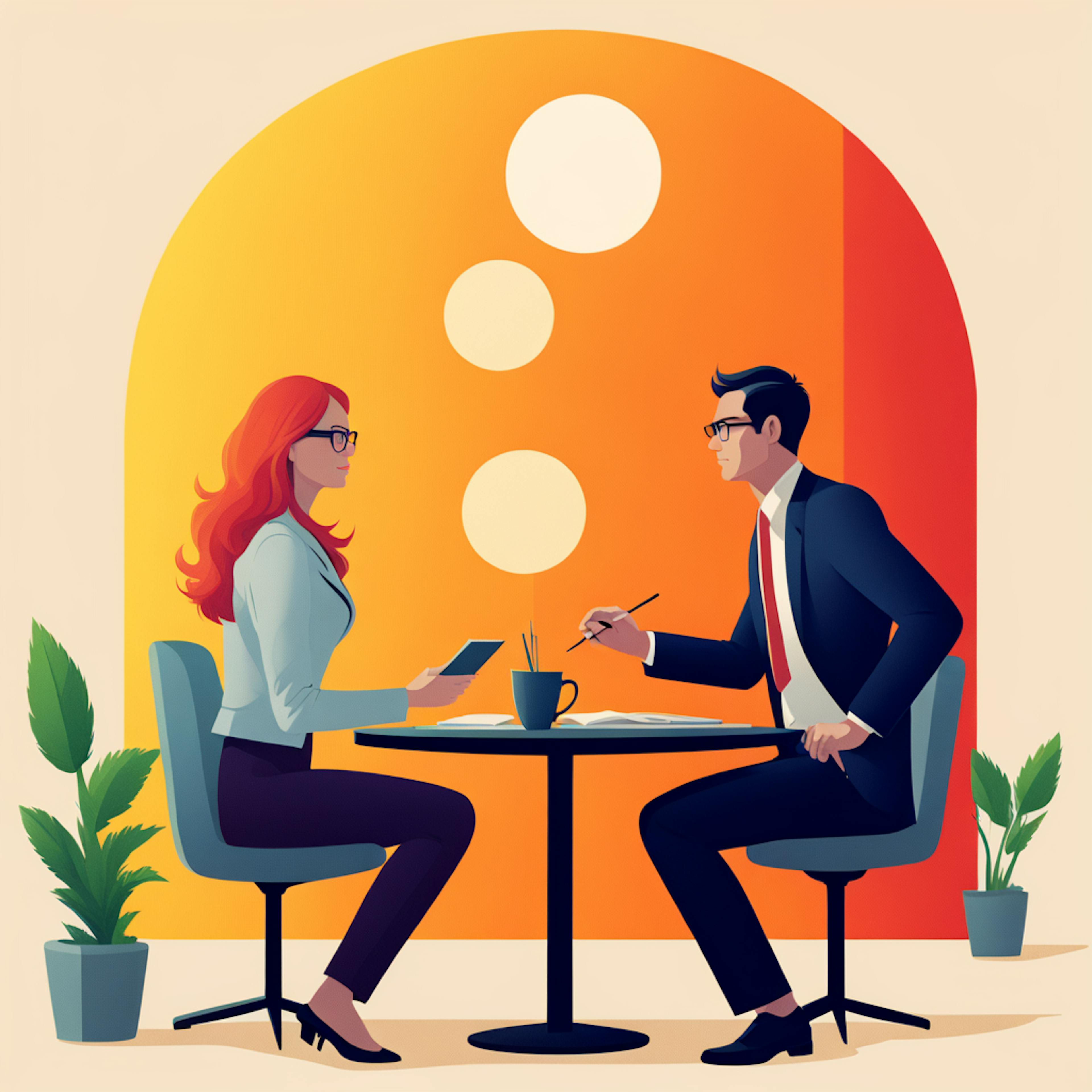 A professional man and woman engaged in a conversation at a round table, each with a notebook, possibly discussing a "B2B influencer marketing strategy." The background features a gradient of warm tones and minimalist decor, creating a focus on collaboration.