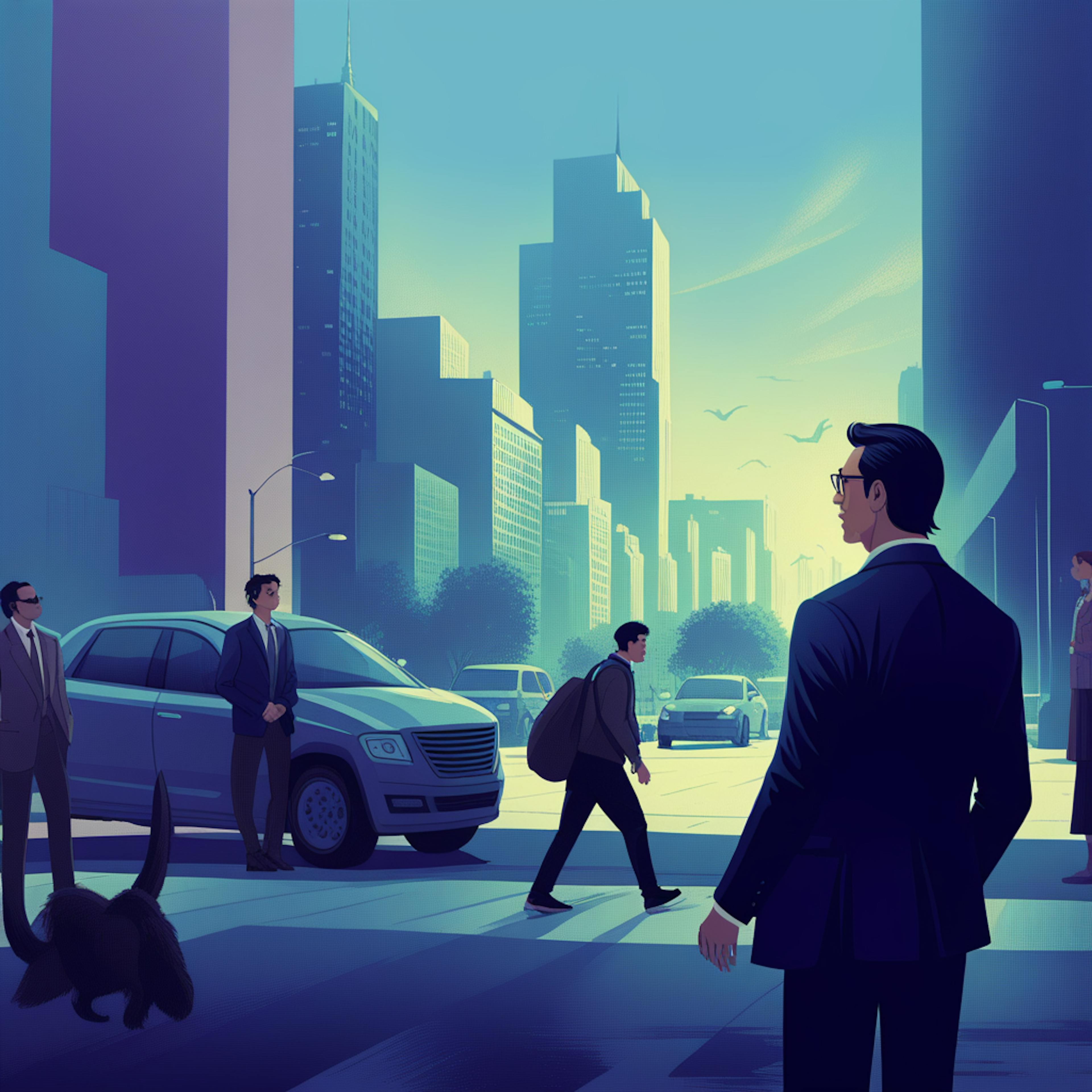 A bustling cityscape with a professional man in focus, observing the lively urban scene. The cool blue and teal tones suggest early morning, setting a reflective mood. This could represent the observation and strategic thinking behind a "B2B influencer marketing strategy."