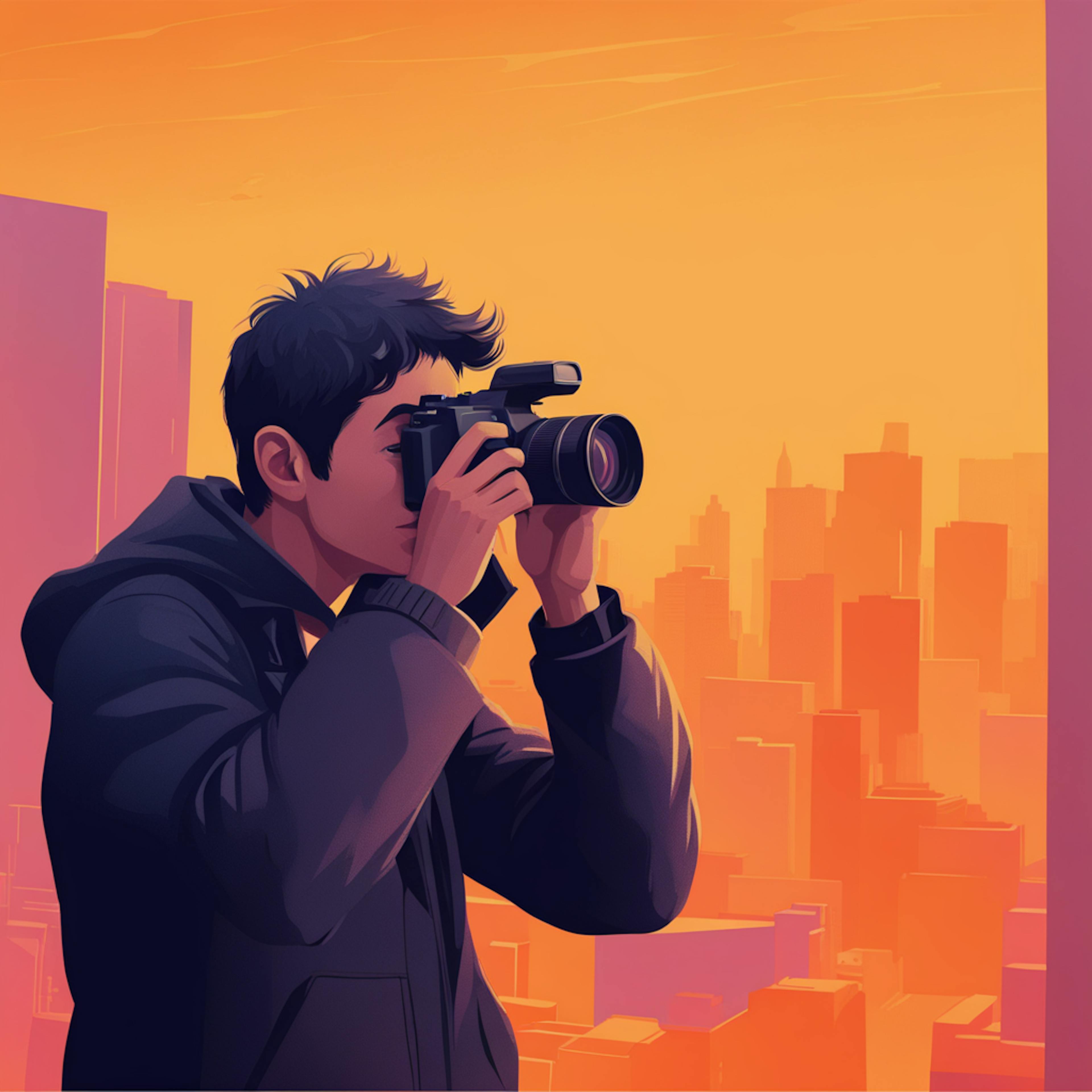 a photographer capturing a cityscape at sunset. The warm colors and the subject's focus on their camera suggest a moment of creativity and exploration. This visual could represent the use of an AI content generator to enhance or create visual content for storytelling or marketing campaigns.