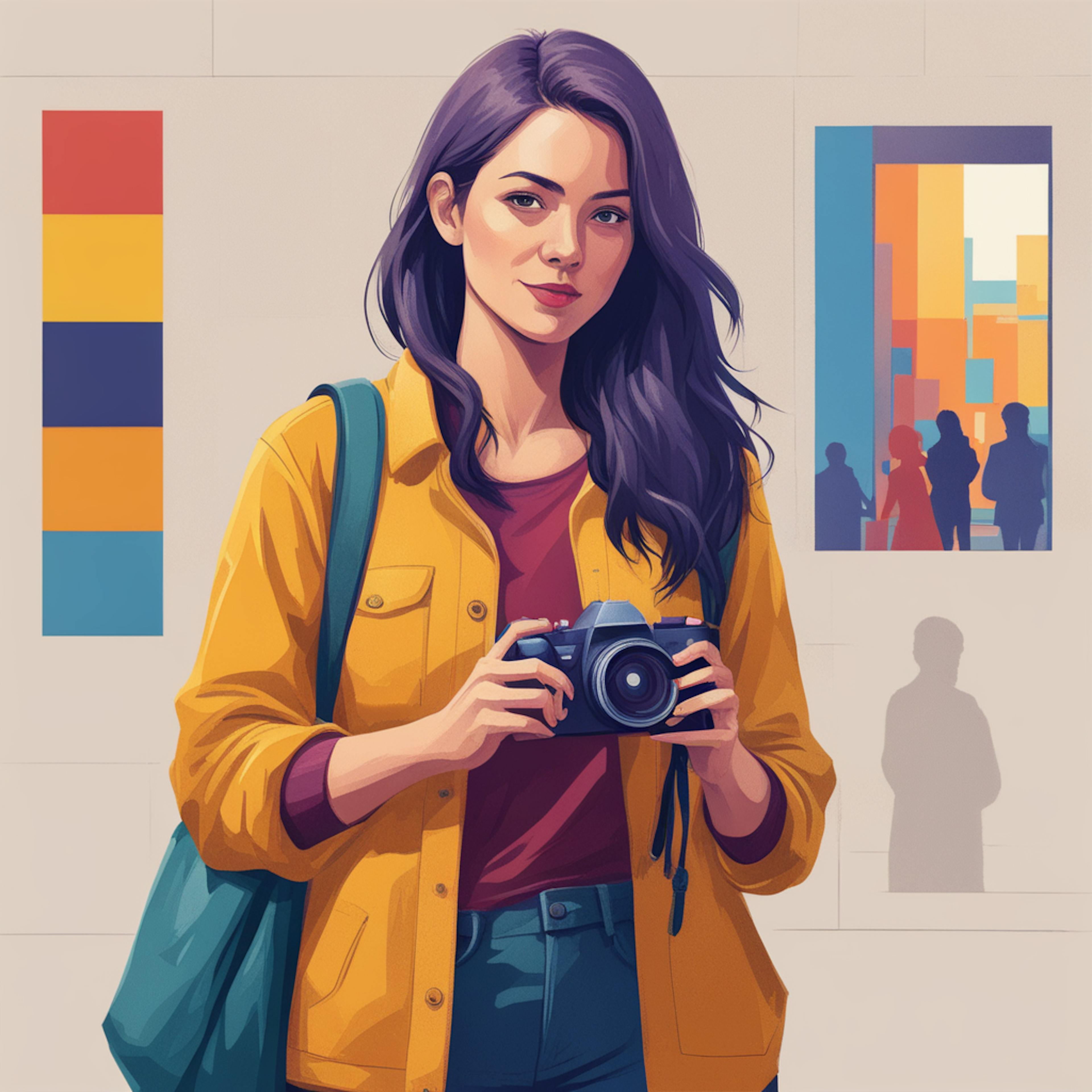 a woman holding a camera in a modern, colorful environment. Her casual yet focused demeanor indicates she's either preparing to take photos or reviewing her work, likely with the assistance of an AI content generator for optimizing visuals and workflows in creative industries.