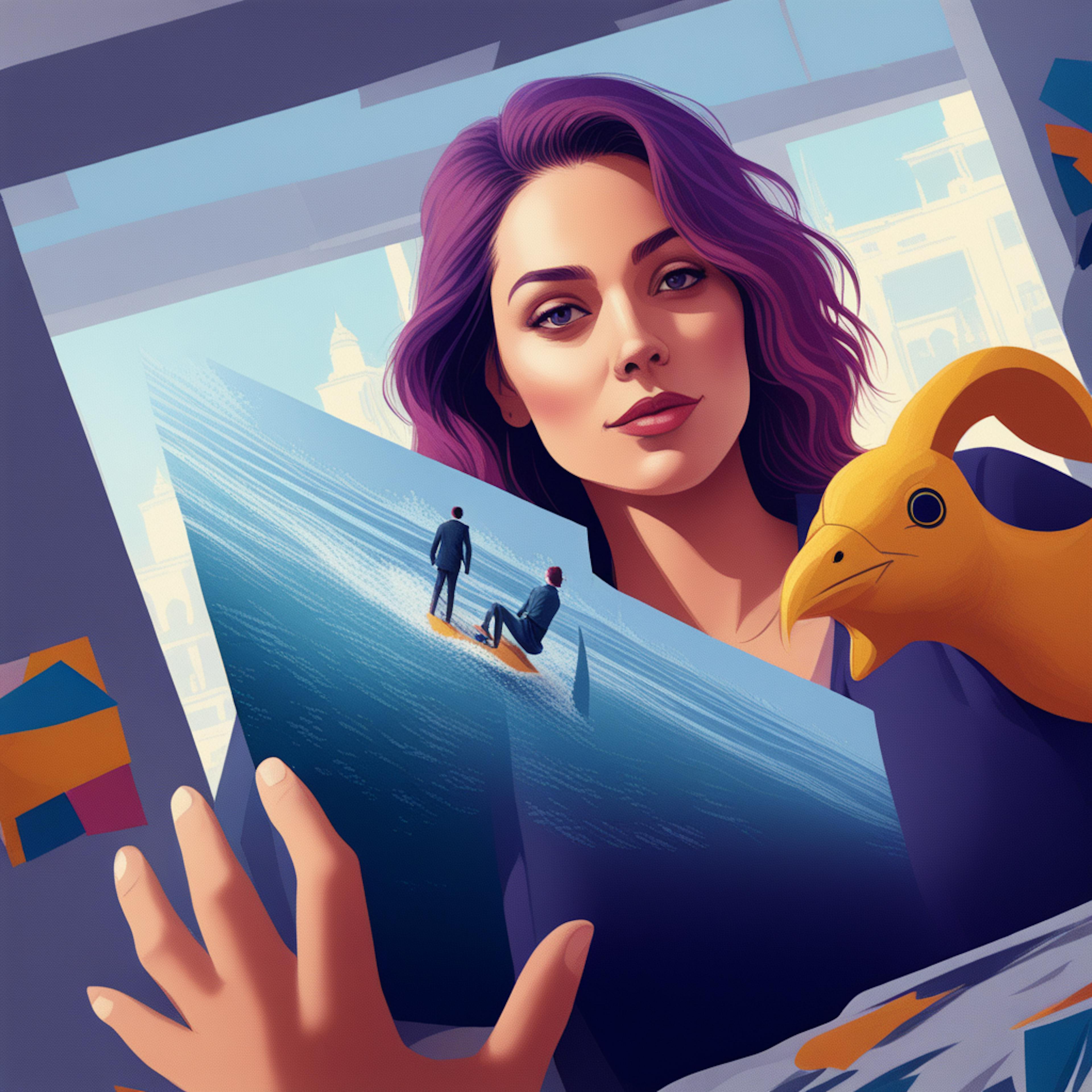 a creative concept with a woman holding up a photograph that includes surreal elements like a yellow bird and people on a wave. This imaginative representation could highlight the capabilities of an AI content generator in producing unique, artistic visuals that blend real and surreal worlds for storytelling purposes.