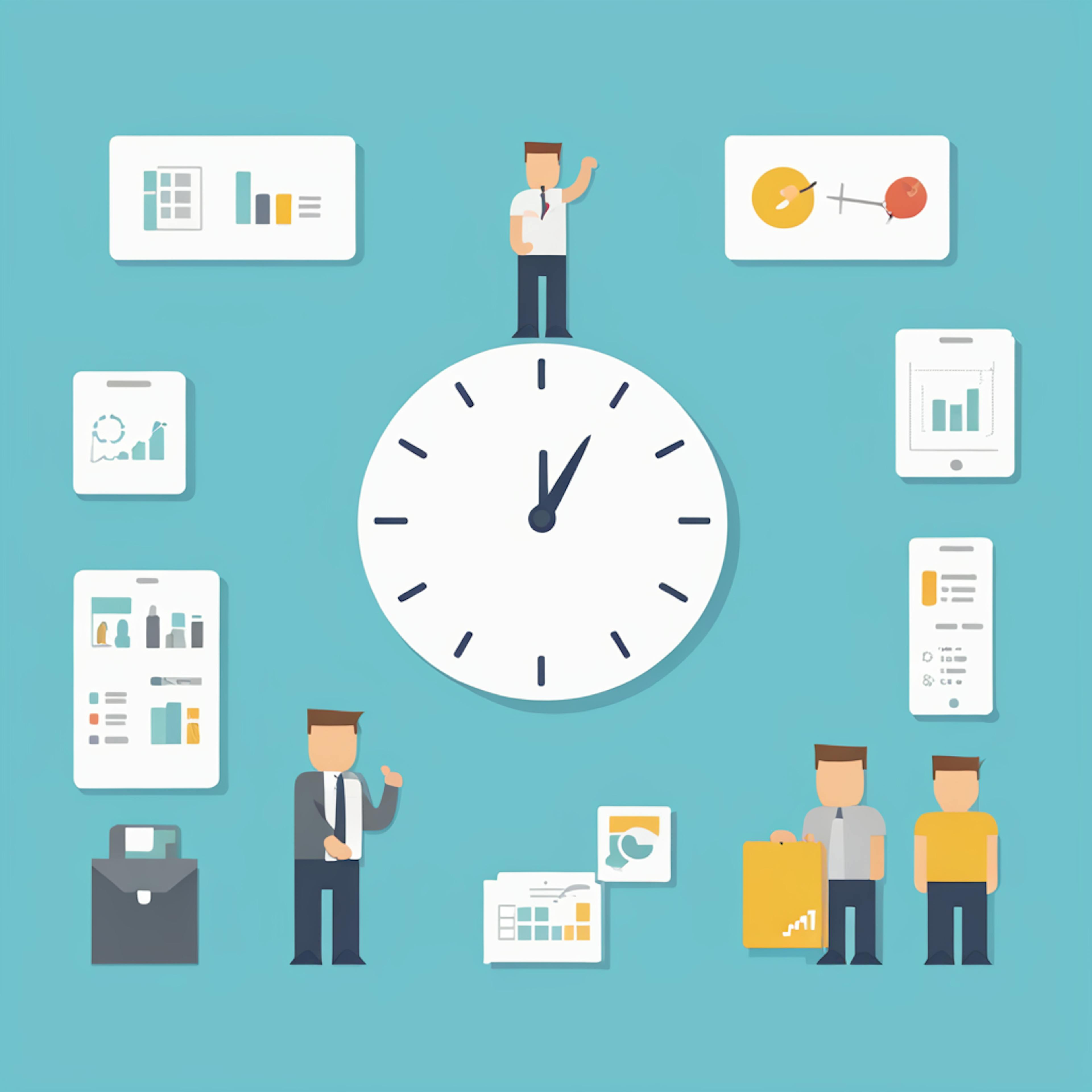 An illustration of business professionals surrounding a large clock, with charts and graphs floating around them. This image represents the concept of KPIs (Key Performance Indicators) in marketing, defining how time and performance metrics are crucial in evaluating campaign success.