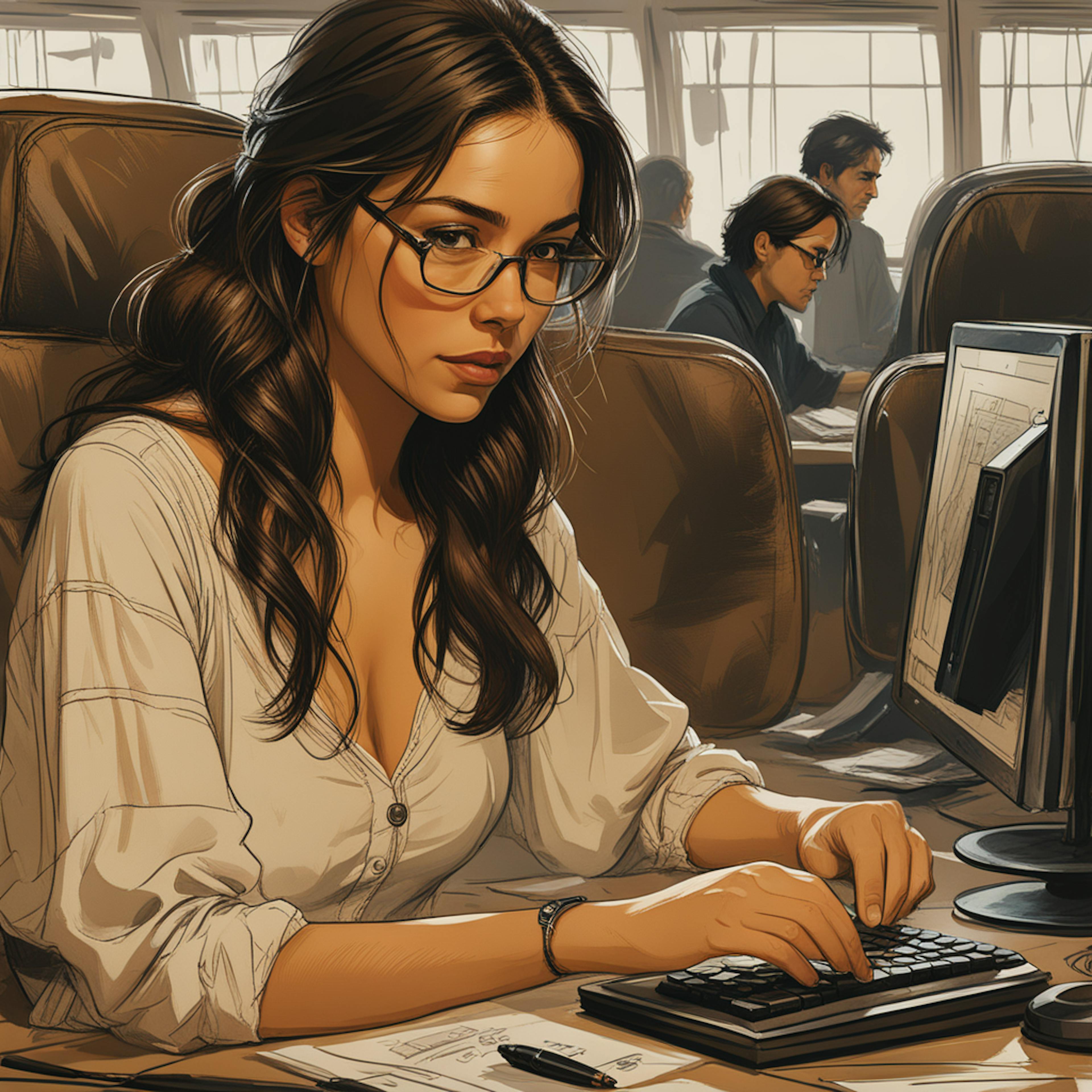 A woman in glasses types on a keyboard in a busy office environment, with papers and screens around her. The scene evokes a diligent approach to keyword research for SEO, gathering and organizing data to enhance search visibility.