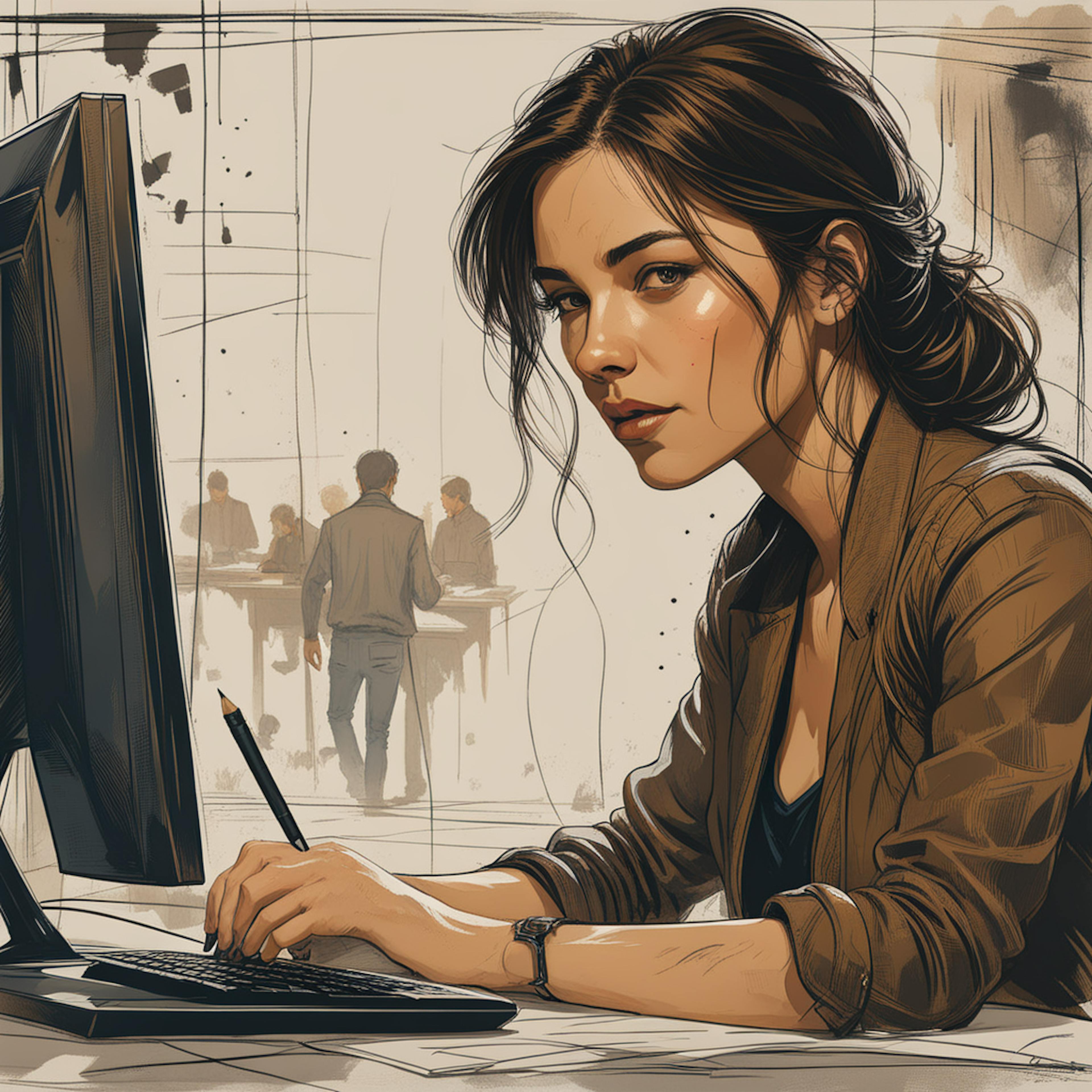 A focused woman working on a computer, pencil in hand, with a serious expression as people converse in the background. Her engaged demeanor suggests tasks such as keyword research for SEO, analyzing data to optimize content strategies.