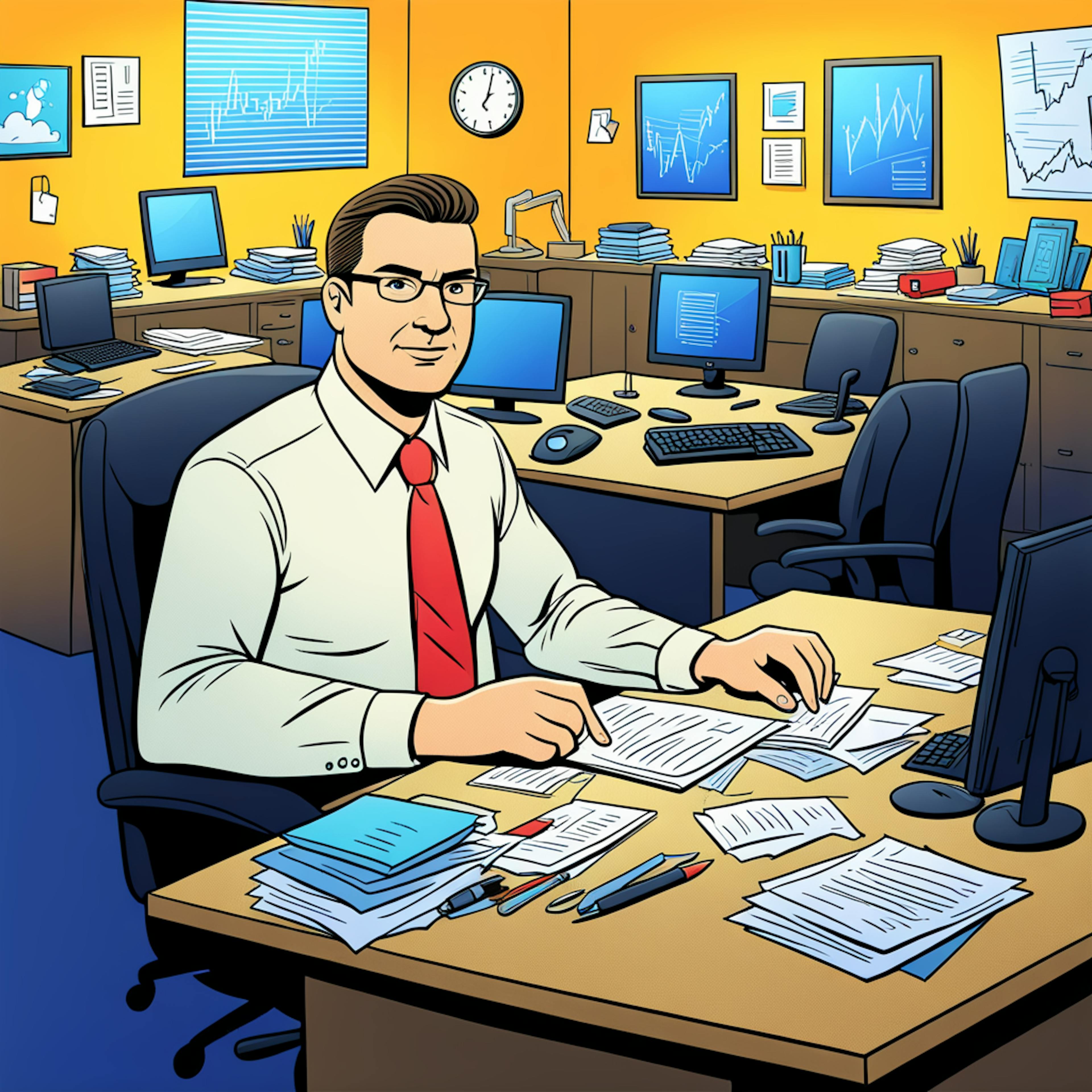 A professional man with glasses and a red tie is seated at his desk in an office, reviewing documents with graphs and data around him. The office is organized with multiple computers and charts, suggesting a focus on data analysis and content distribution channels.