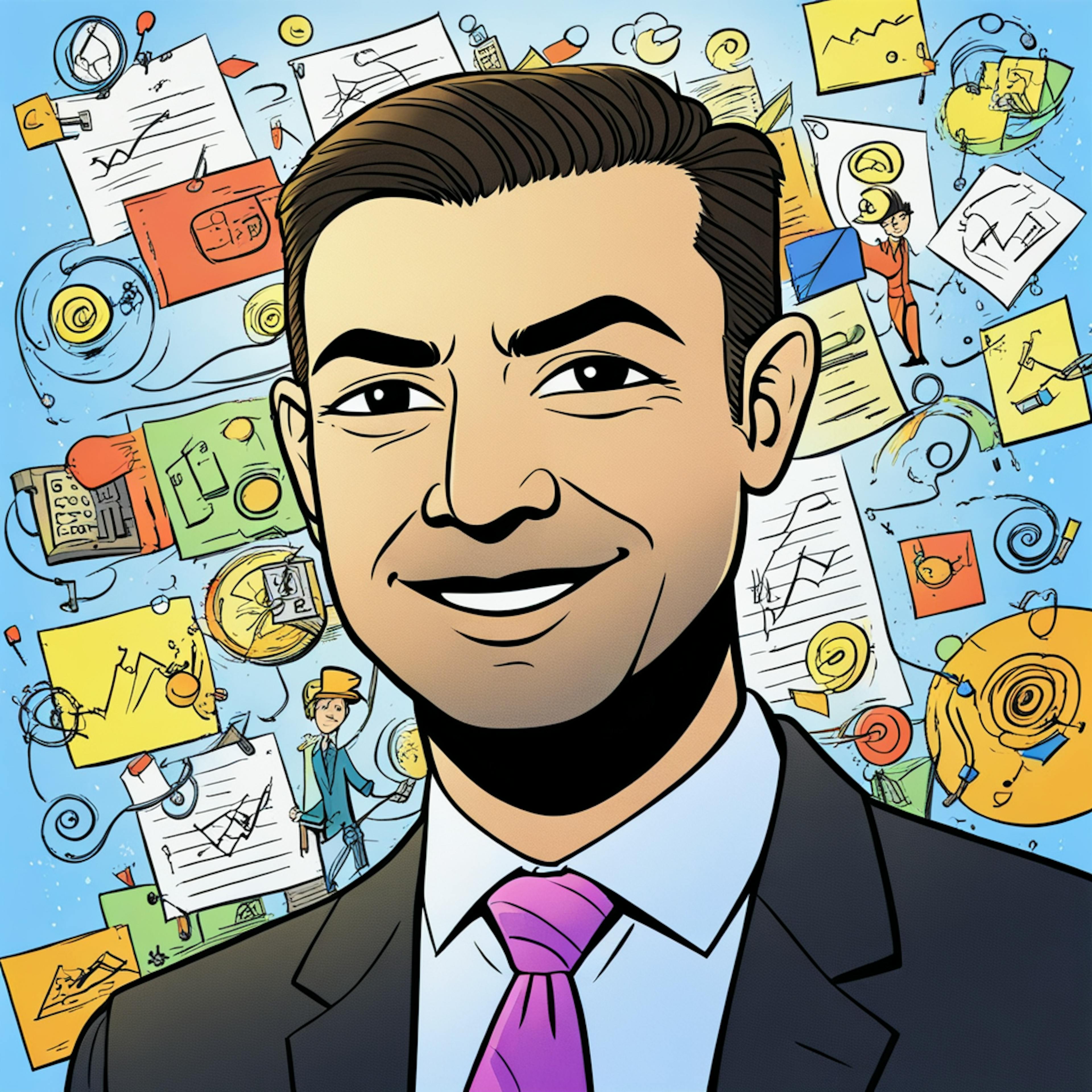 A smiling man in a suit and tie stands against a background filled with various icons, charts, and symbols representing data, ideas, and distribution methods. The illustration conveys the dynamic nature of managing content distribution channels and visualizes concepts related to content and communication flow.