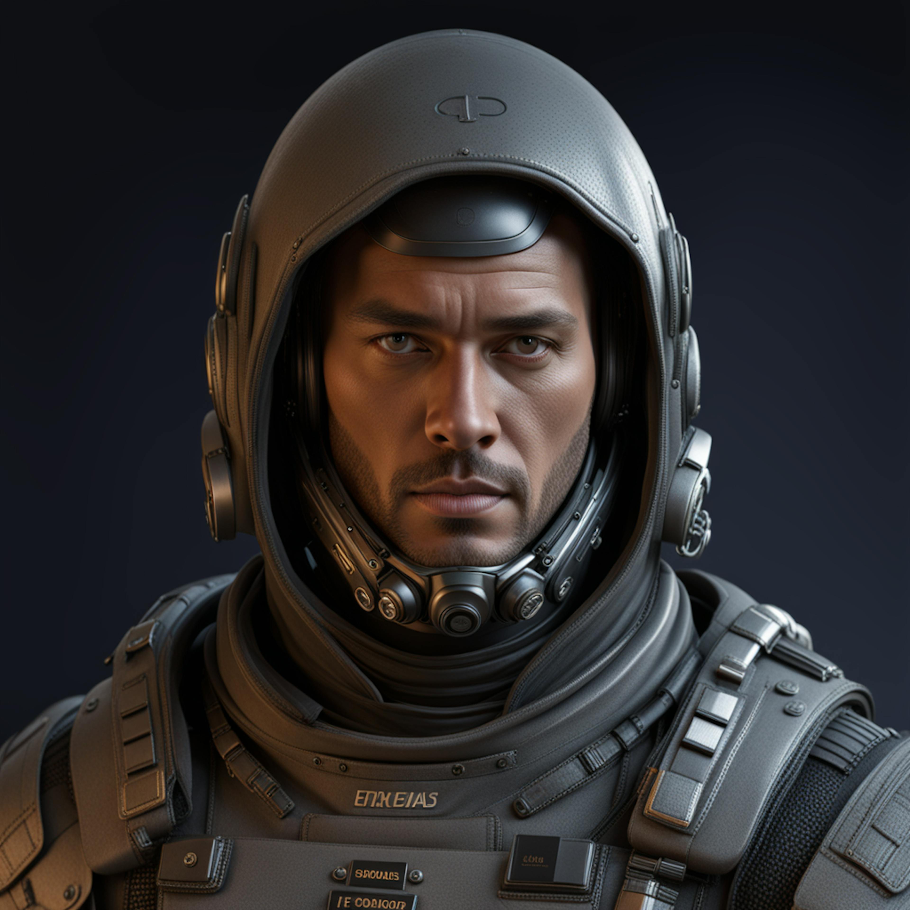 A close-up of a man in a space helmet and futuristic suit, staring directly at the viewer with a serious expression. The helmet and suit highlight the potential for augmented reality in marketing to create immersive, space-themed brand experiences.