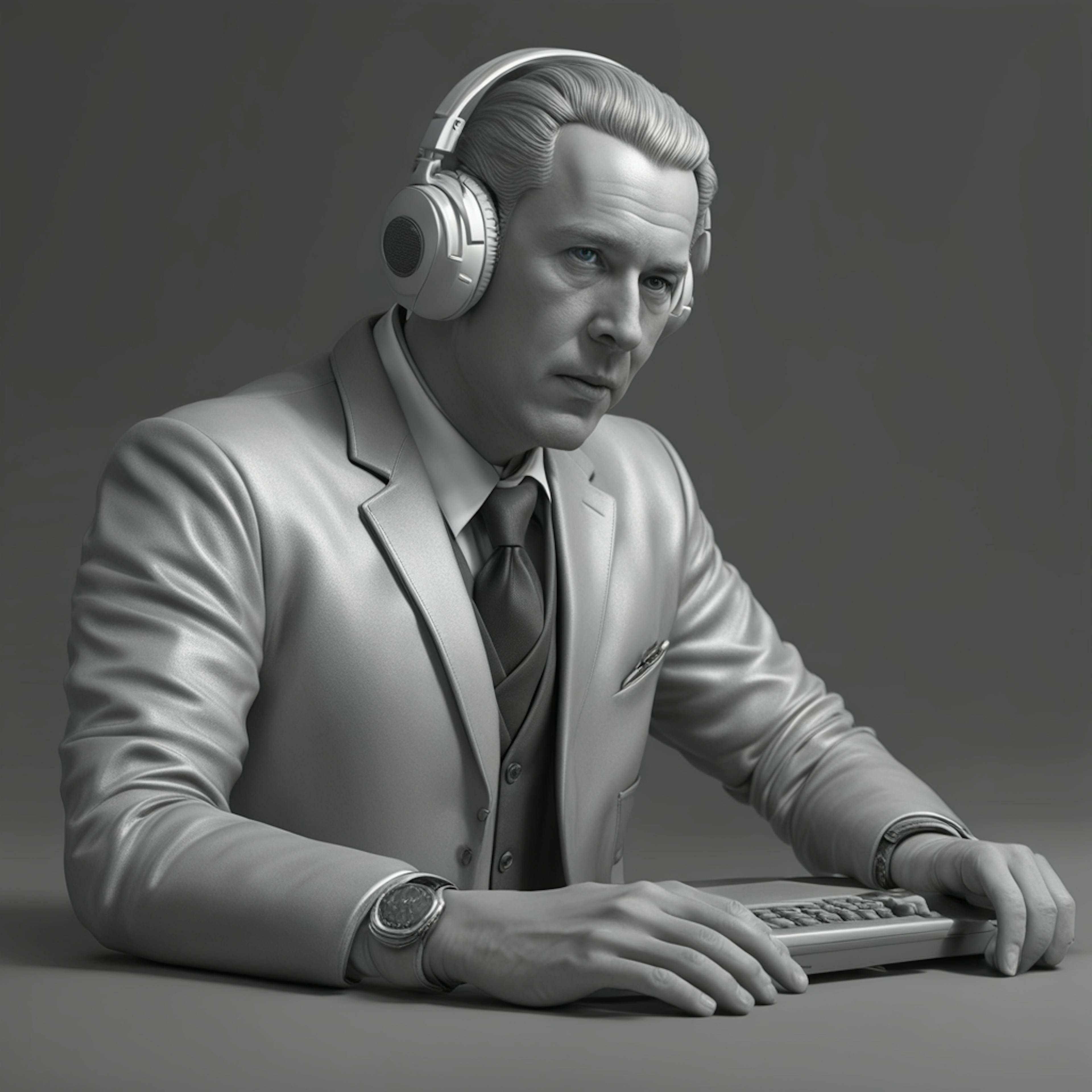 A grayscale portrait of a man in a suit, focused and wearing large headphones, typing at a keyboard. This image conveys a professional environment where augmented reality in marketing could be utilized for interactive and dynamic presentations.