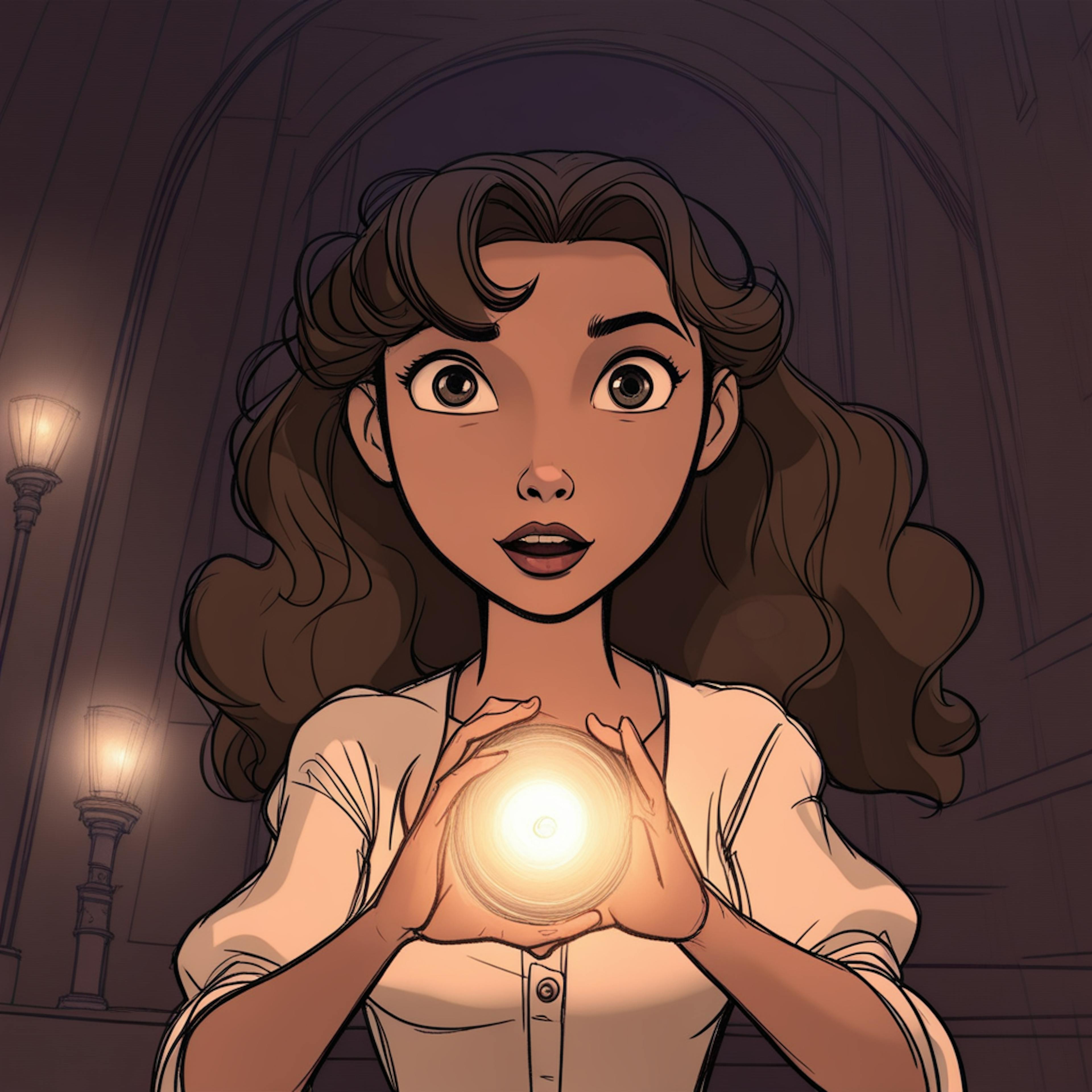 A young woman with wide, expressive eyes holds a glowing orb in her hands, illuminating her face in the dim surroundings. She seems entranced or surprised, as if discovering something magical or powerful. This image could inspire an AI to write a story based on the image, weaving a tale of mystery or adventure.