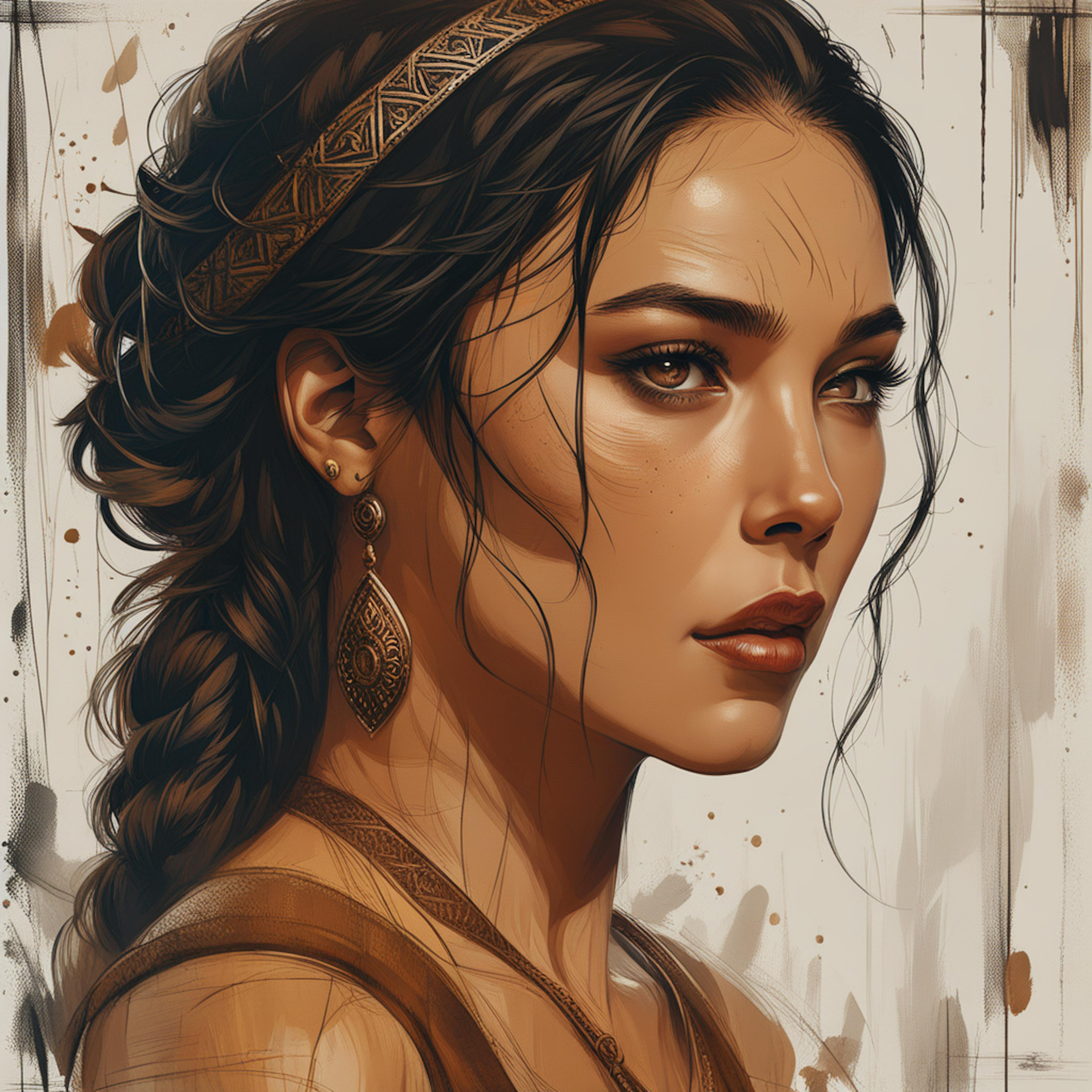 A close-up of a woman with dark hair styled in a braid, wearing intricate jewelry and a headband that suggests an ancient, mythical setting. Her intense gaze and attire evoke themes of power and mystery, making her an ideal character in an AI mythology-inspired story.