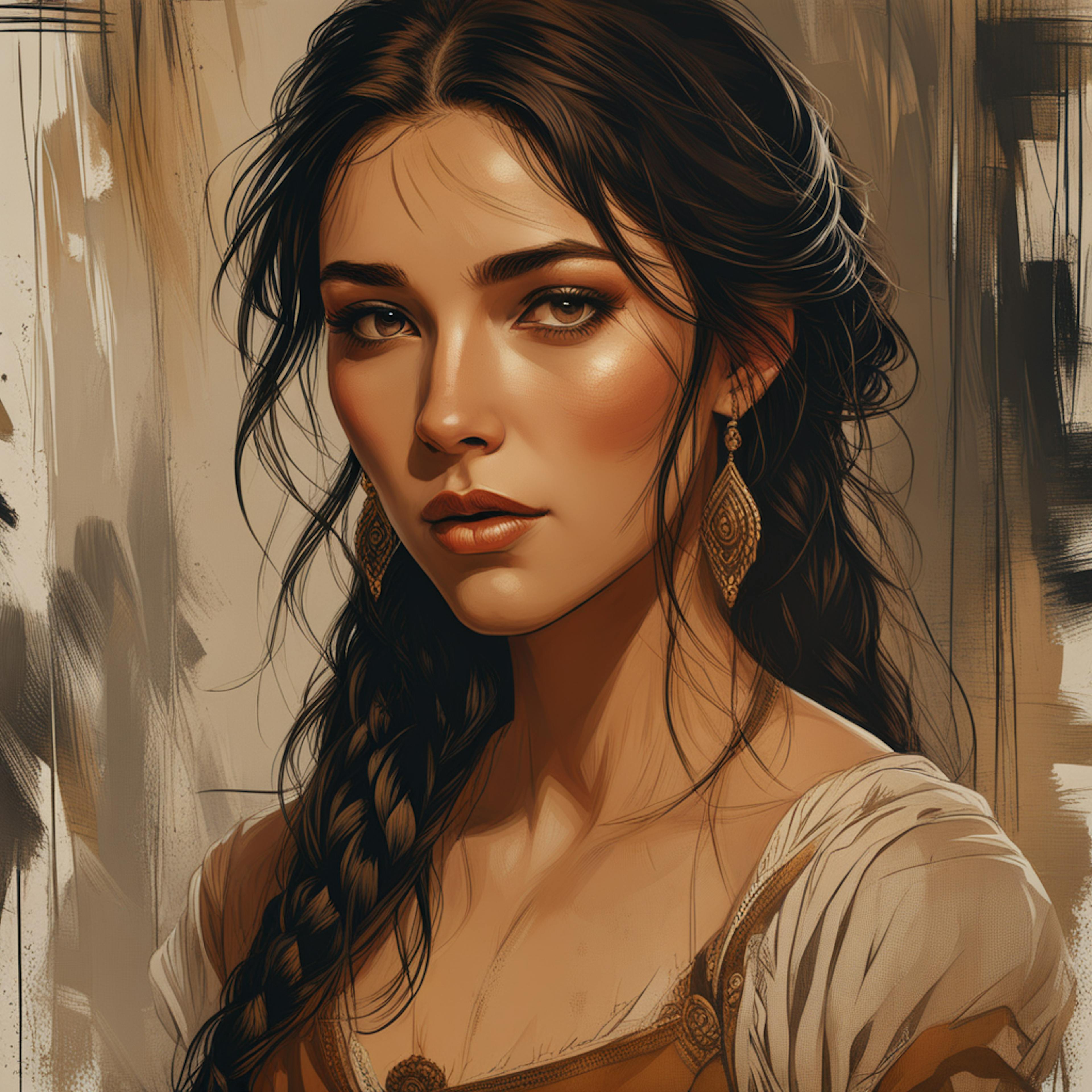 A portrait of a woman with braided hair, wearing ornate earrings and a traditional, rustic dress. Her expression is calm and reflective, as if she’s contemplating a legend or ancient wisdom, fitting for an AI mythology narrative.