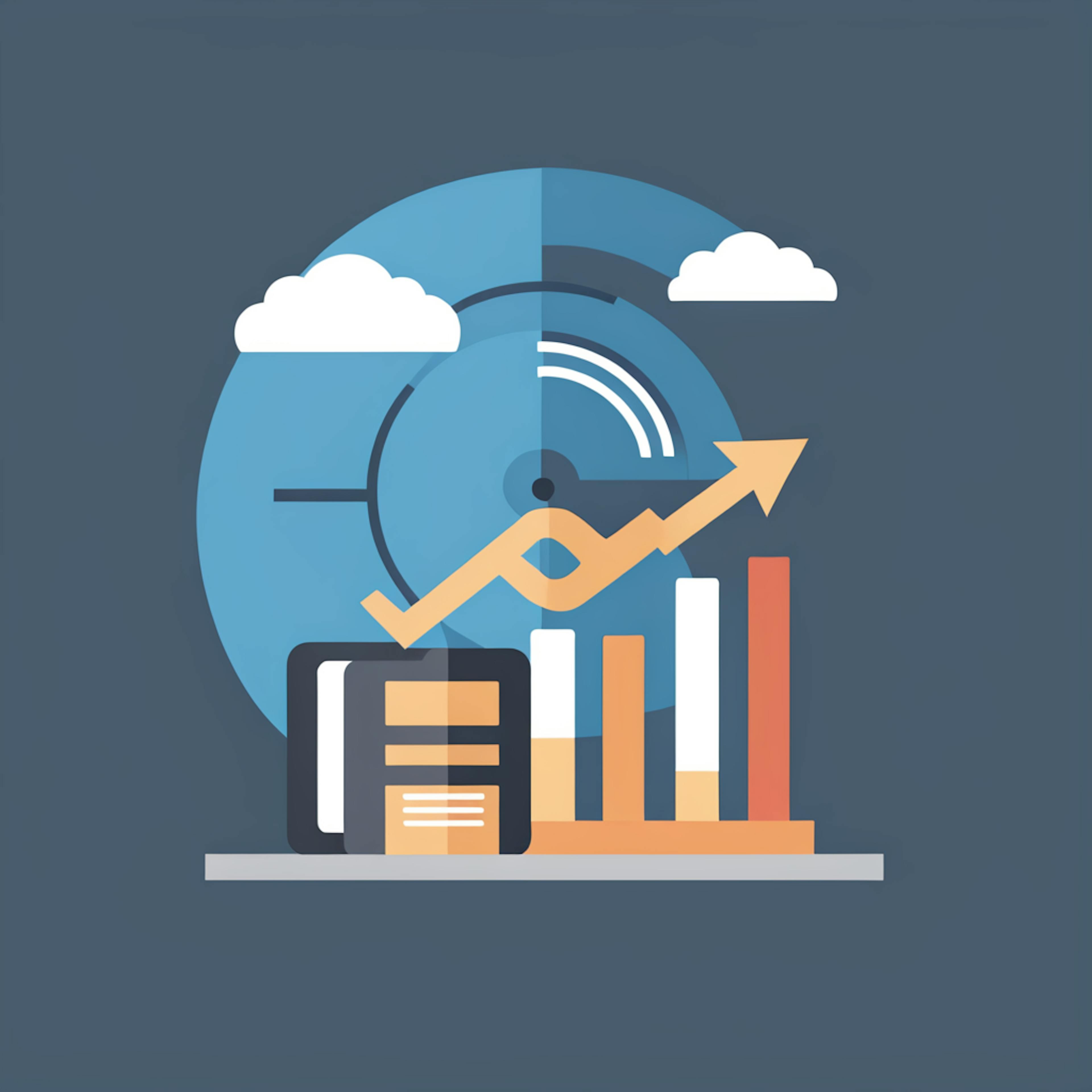 An infographic-style illustration with a line graph, bar chart, and icons of clouds and radial indicators. This setup conveys a comprehensive approach to marketing measurement, tracking growth and performance metrics in a visually engaging way.