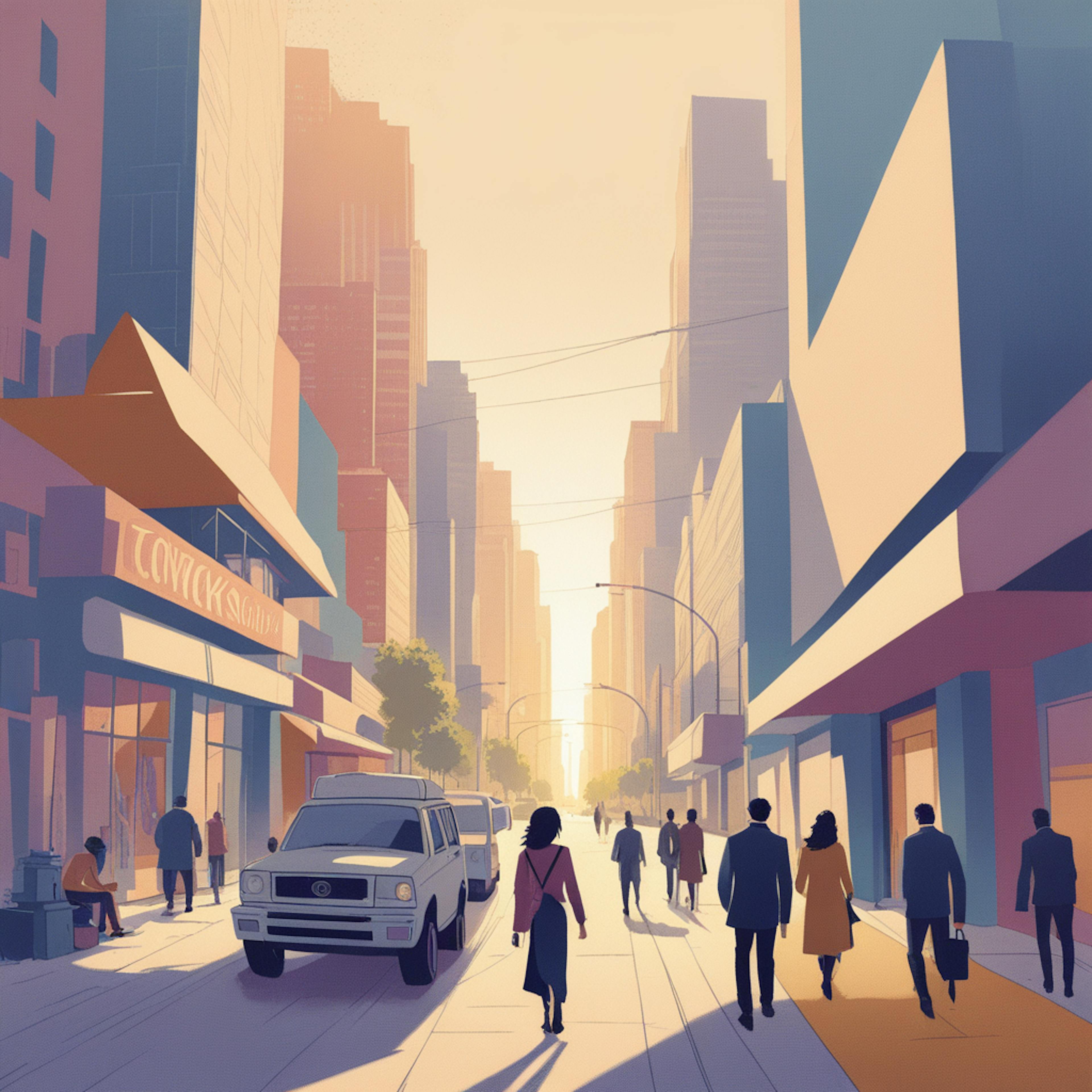 A vibrant city street scene at sunrise, with people walking and vehicles moving amidst tall buildings. This setting reflects urban growth and opportunity, symbolizing marketing growth strategies that target bustling metropolitan areas to reach a broader audience.