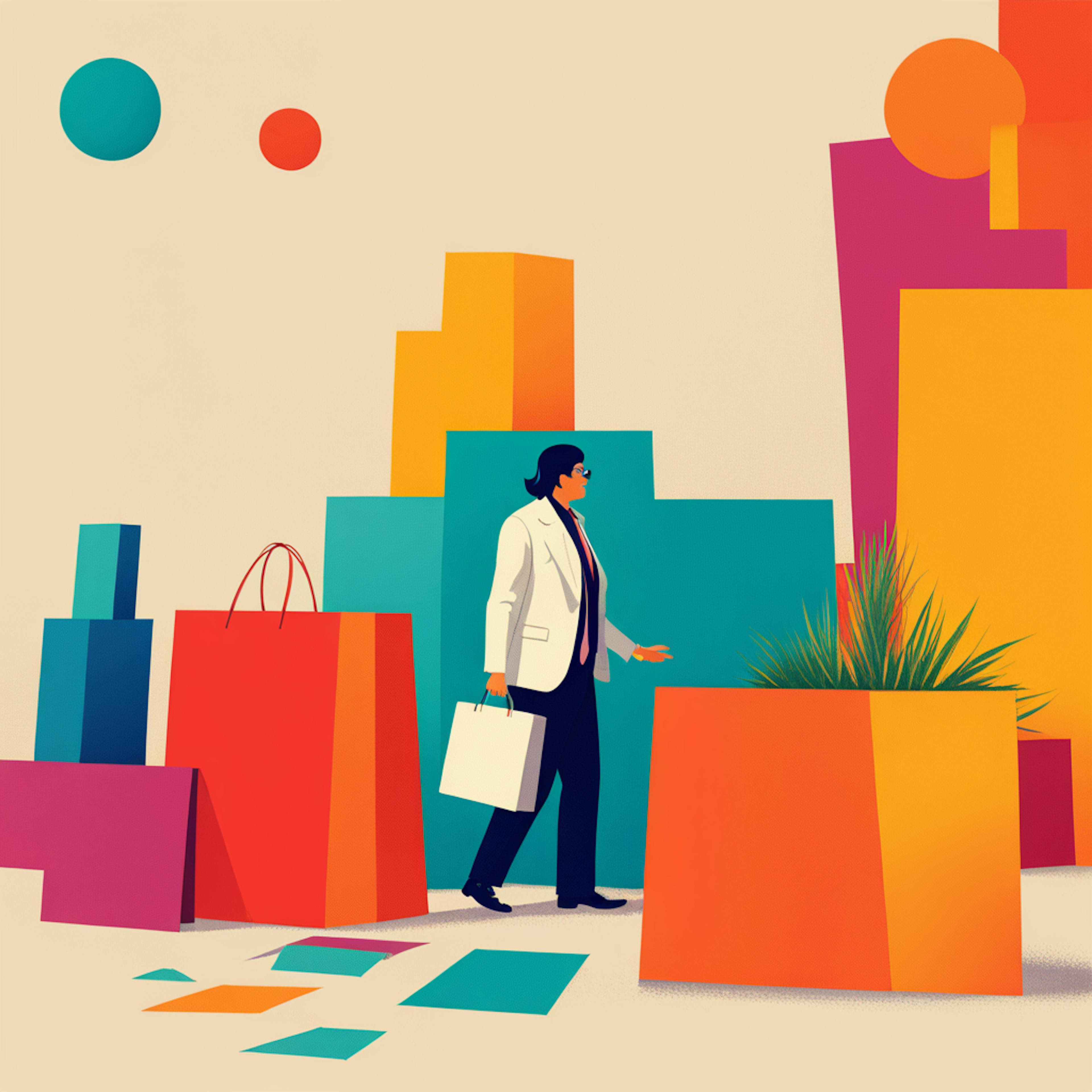 An illustration of a professional holding a shopping bag, surrounded by colorful, abstract shapes representing various products. This visual conveys marketing growth strategies focused on consumer engagement and the exploration of new retail opportunities.