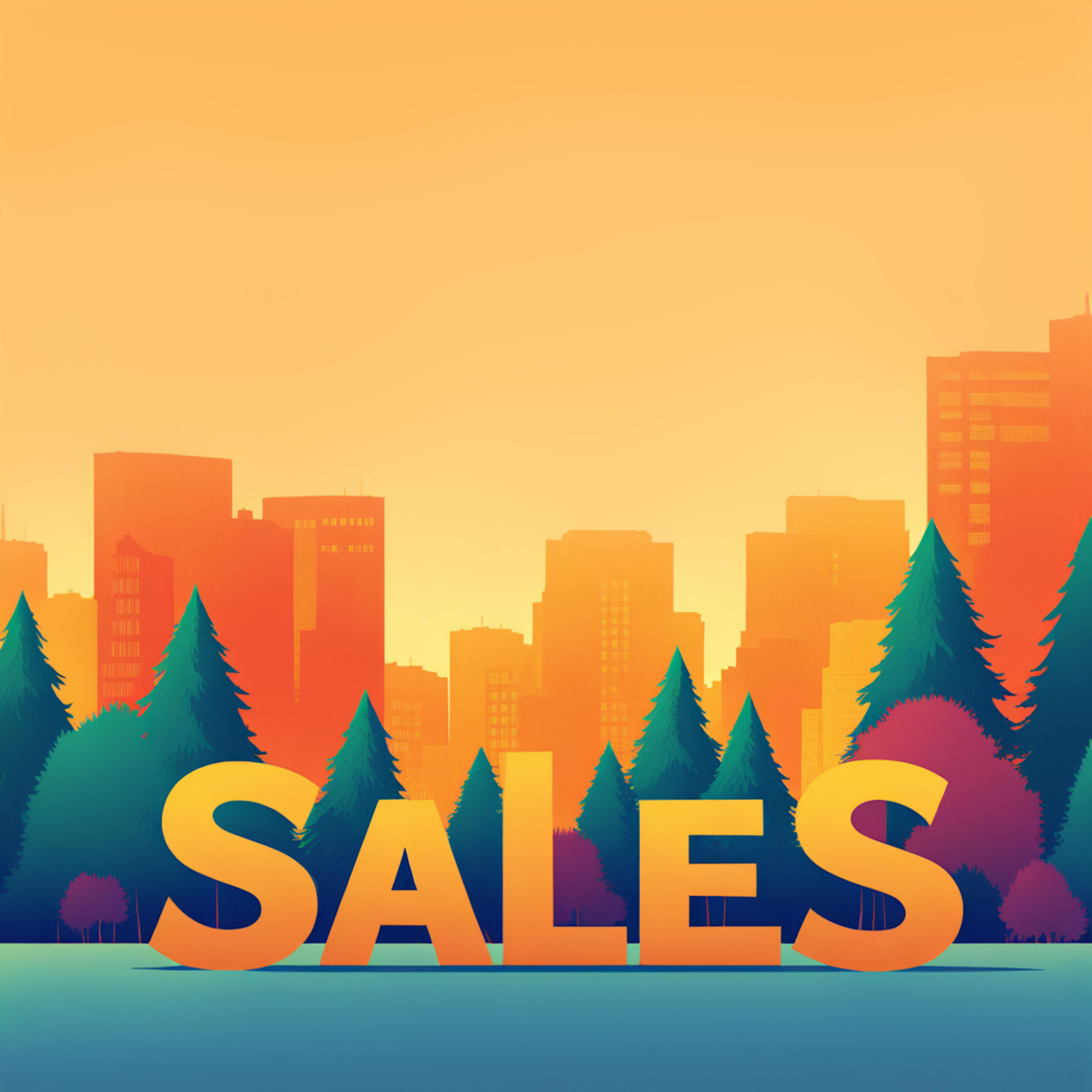 A sunset view of a city skyline framed by evergreen trees, with the word "SALES" prominently displayed in the foreground. The image symbolizes marketing growth strategies aimed at boosting sales through seasonal campaigns and connecting with both urban and suburban audiences.