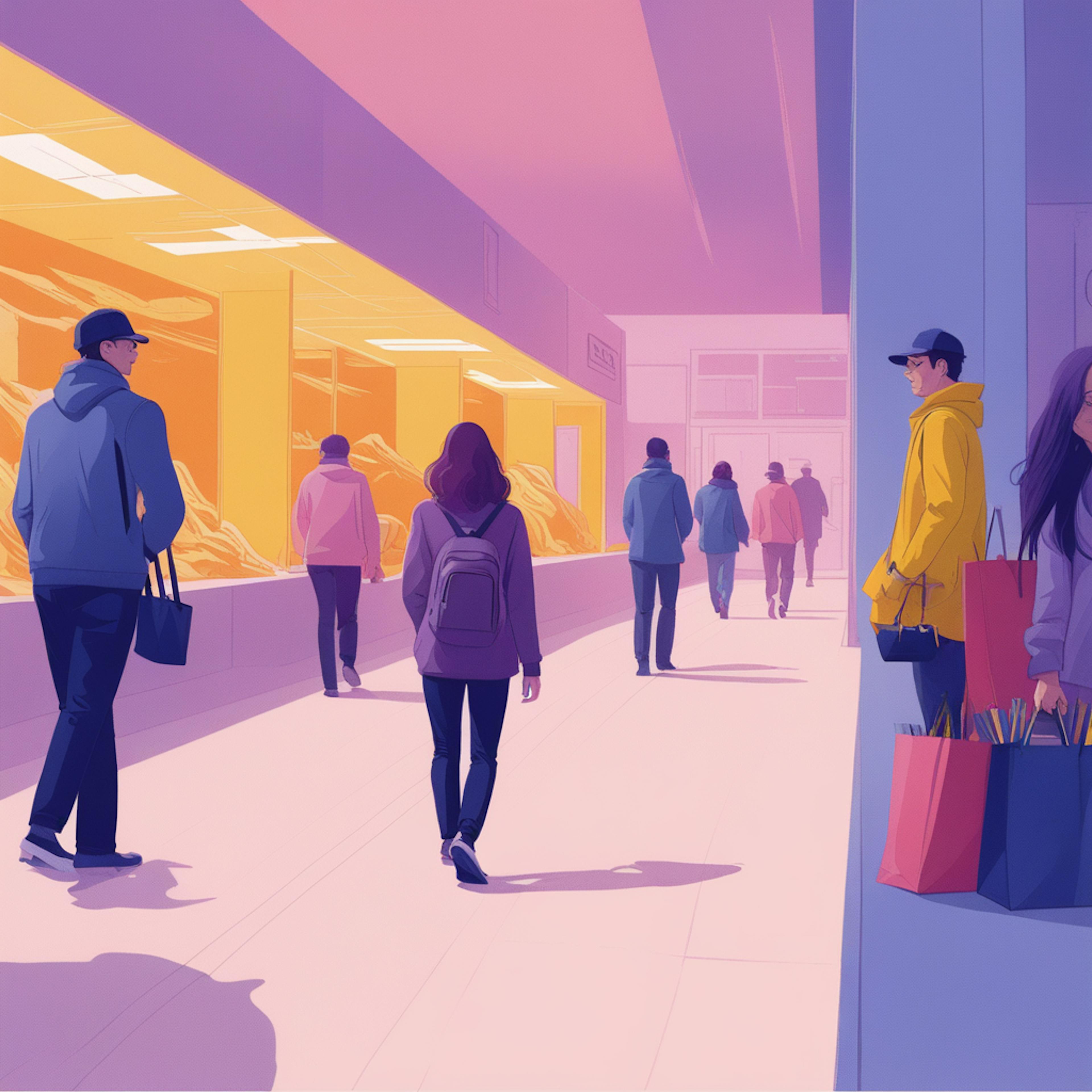 People walk through a modern indoor shopping area with colorful window displays and shopping bags in hand. This vibrant setting illustrates the busy eCommerce environment, where marketing automation can enhance the shopping experience by targeting customers with personalized offers.