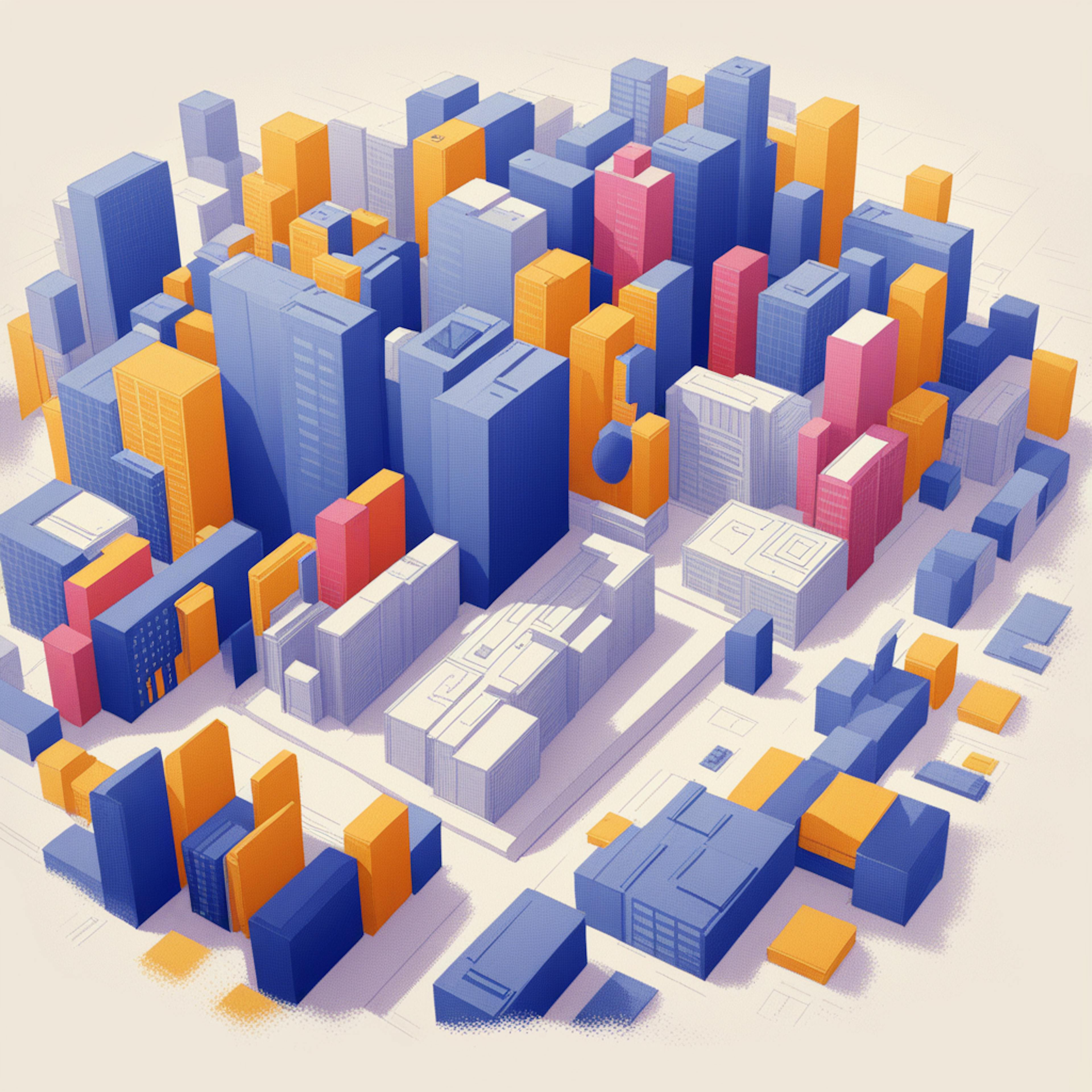 A 3D model of a city block with colorful buildings in blue, orange, and pink, resembling an urban landscape map. This scene conveys the complexity of an eCommerce marketplace and highlights the role of marketing automation in managing and scaling customer interactions across diverse digital storefronts.