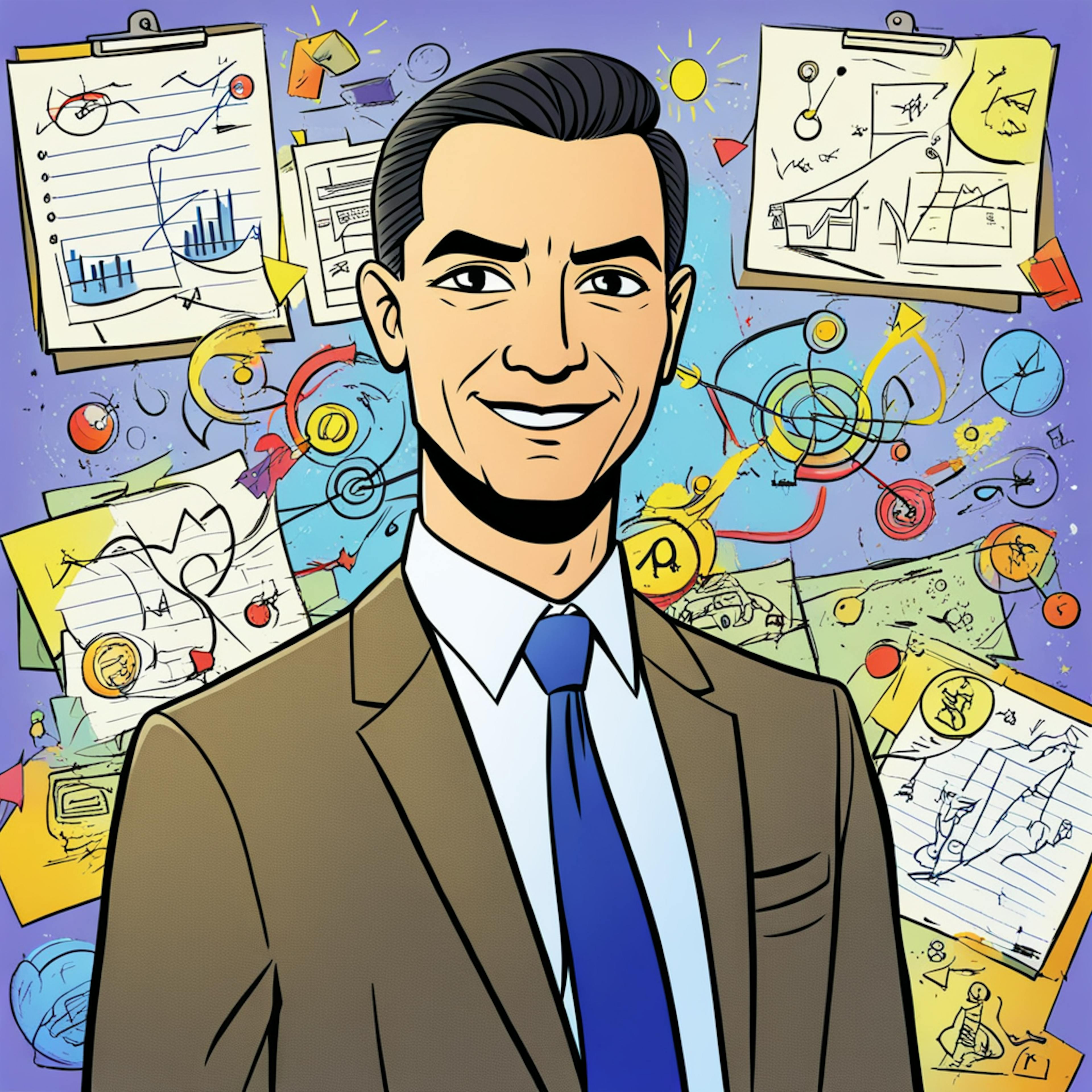 A smiling man in a suit stands in front of a colorful background filled with graphs, charts, and icons. The vibrant visual elements around him represent data analysis and strategy, emphasizing concepts relevant to marketing attribution modeling and the process of attributing value to various marketing channels.