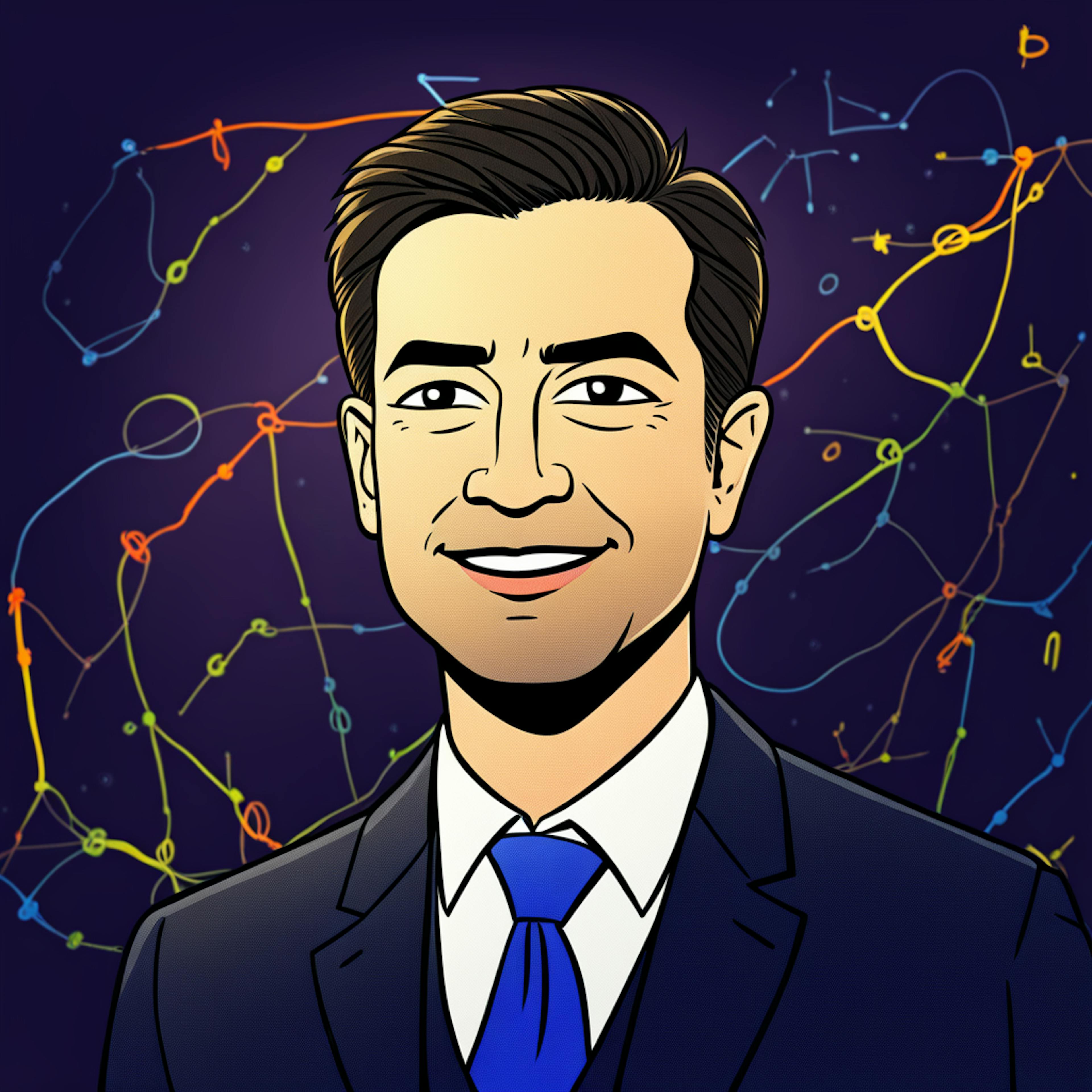 A professional man in a suit with a confident smile is set against a dark background filled with interconnected, colorful lines and nodes. This network symbolizes the complexity of customer journeys and highlights the role of marketing attribution modeling in understanding and mapping these interactions.