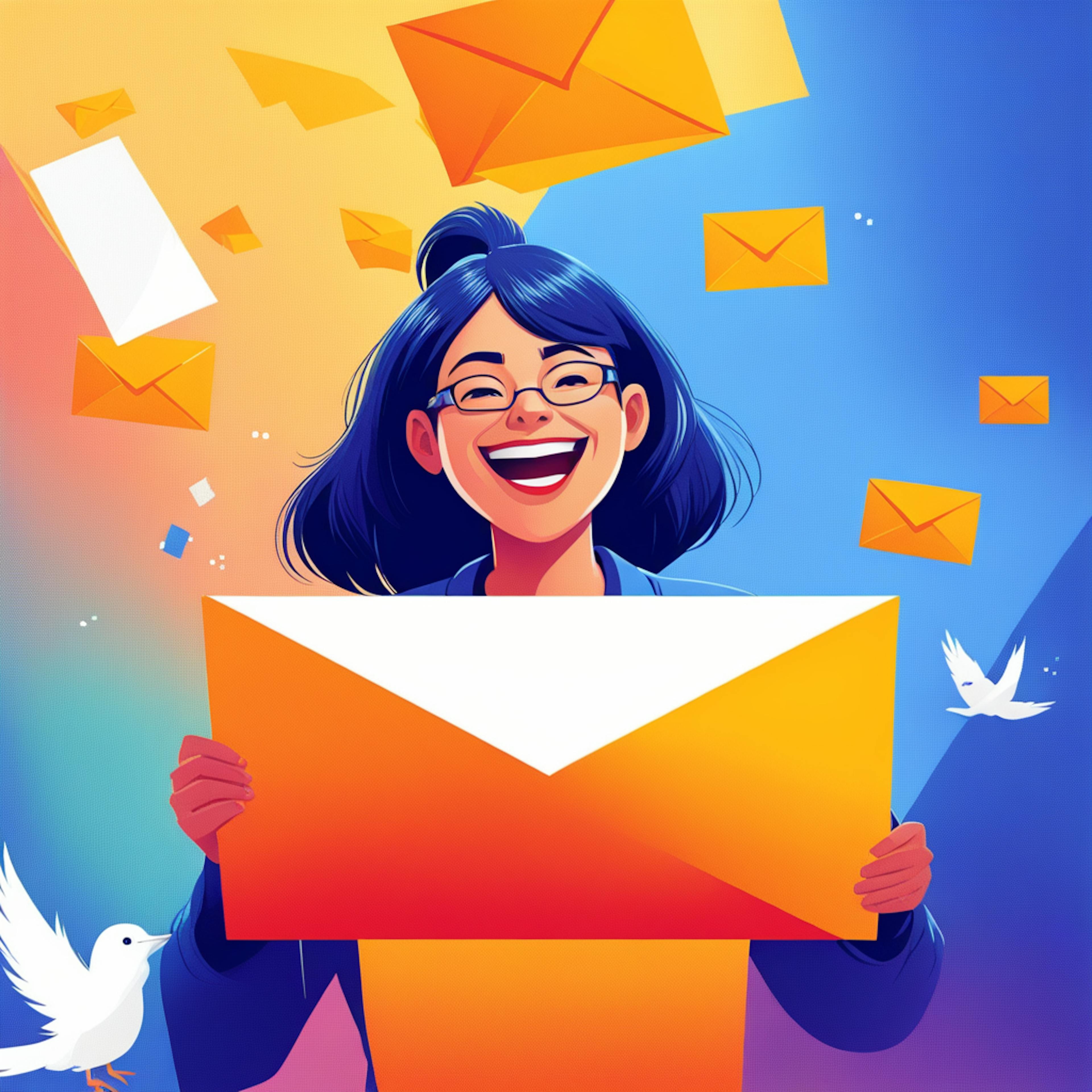 A smiling woman holds a large envelope amidst a colorful background of flying envelopes and doves, symbolizing successful email outreach. The image conveys the concept of improving email deliverability to increase engagement rates and reach a broader audience.