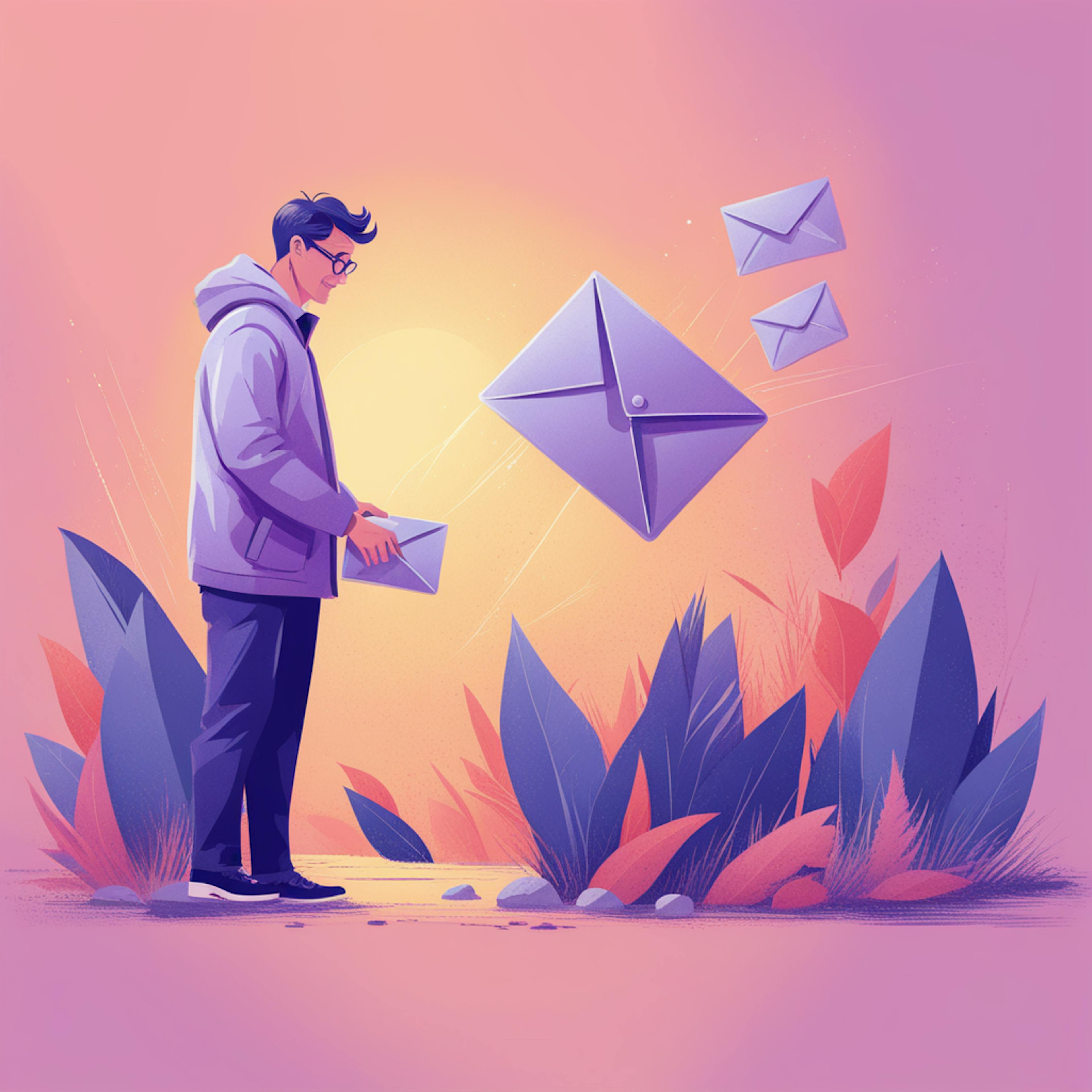 A man in a hoodie holds a floating envelope, surrounded by greenery and other envelopes in mid-air, set against a sunset background. This visual suggests strategies to improve email deliverability, aiming for a smooth and reliable message delivery process.