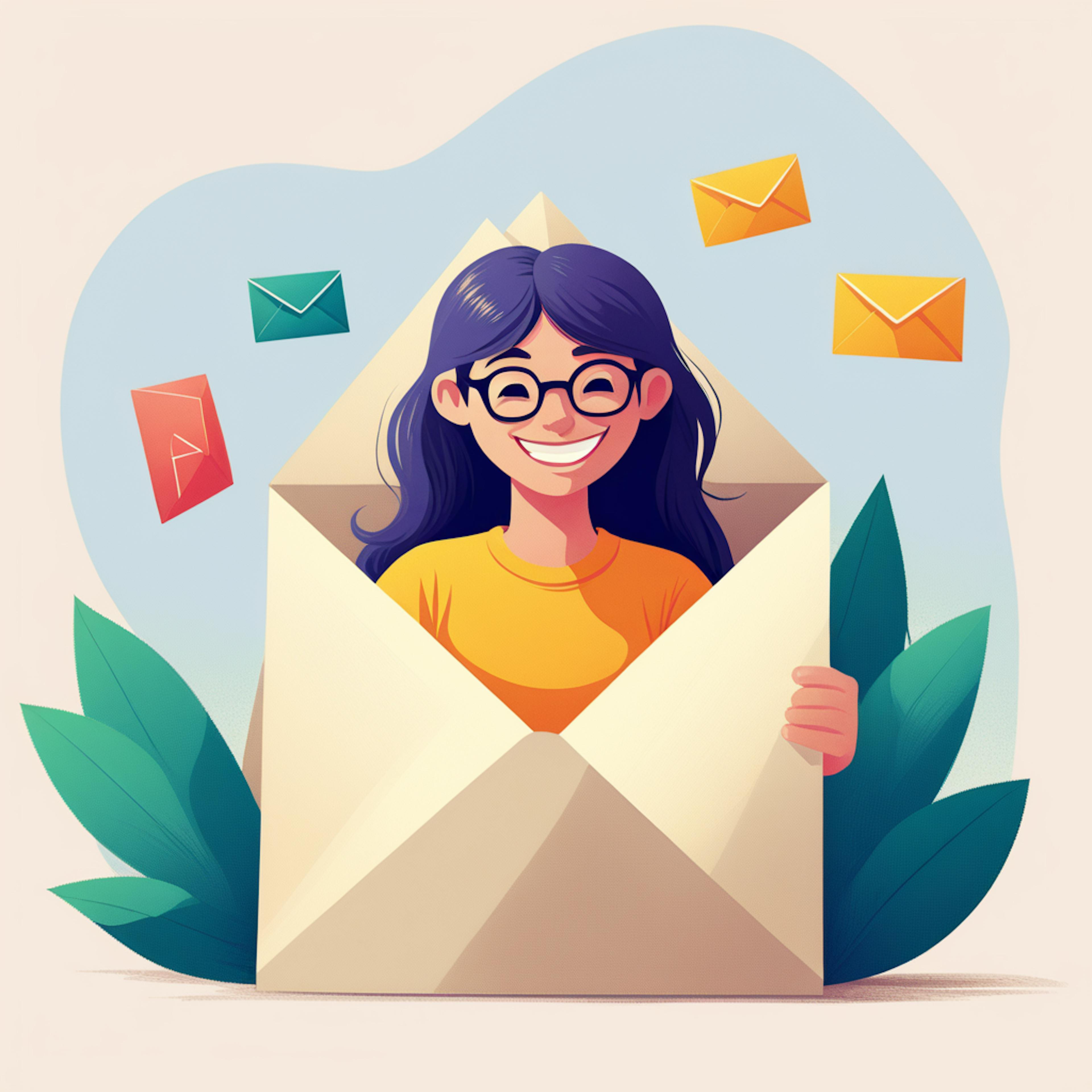 A cheerful woman with glasses emerges from a large envelope, surrounded by smaller colored envelopes. This playful illustration represents efforts to improve email deliverability, ensuring messages reach the intended inboxes effectively.