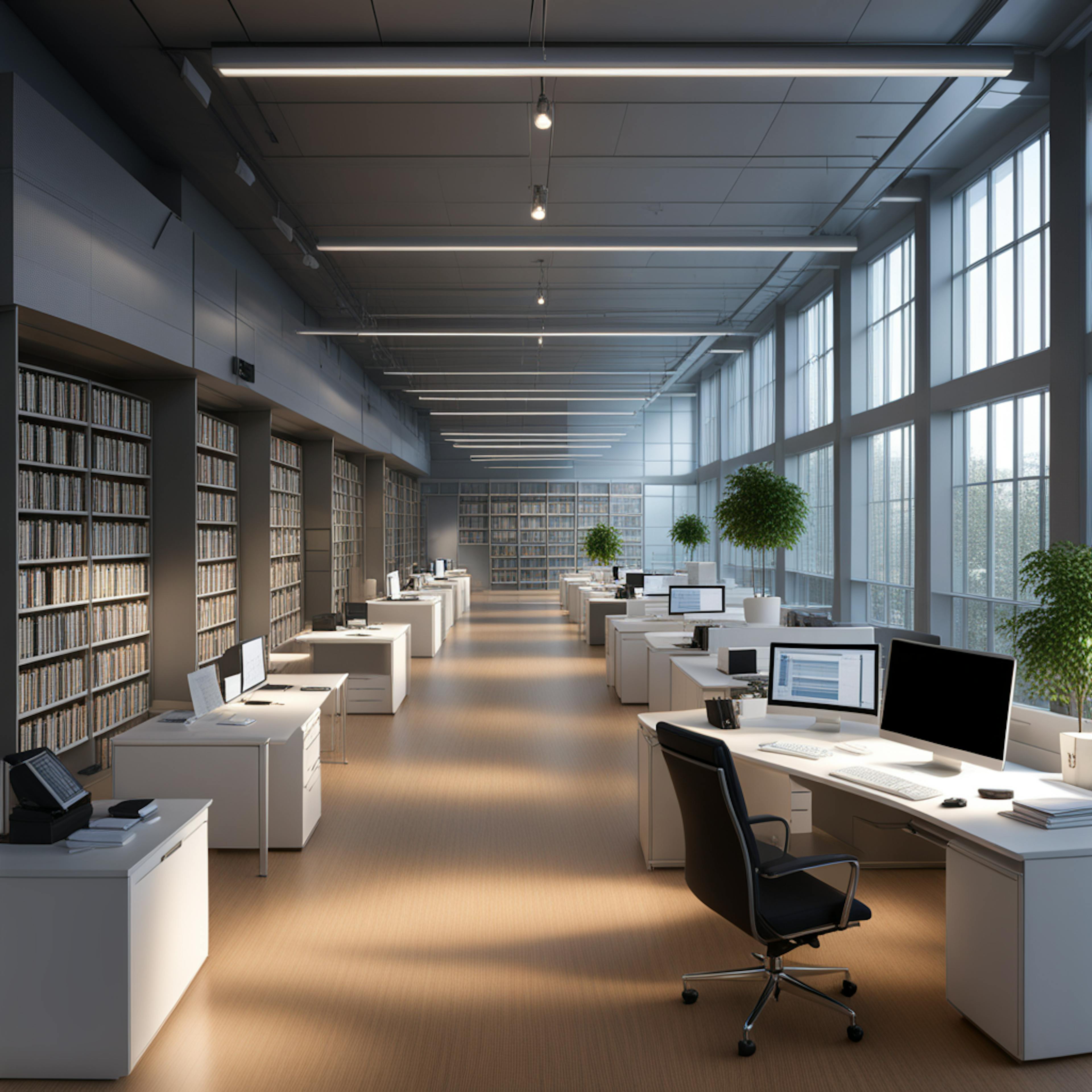 A spacious, modern office with rows of desks and computers, lined with large windows and shelves of books. This environment represents a data-driven workspace where teams analyze email marketing metrics to improve campaign performance and engagement.