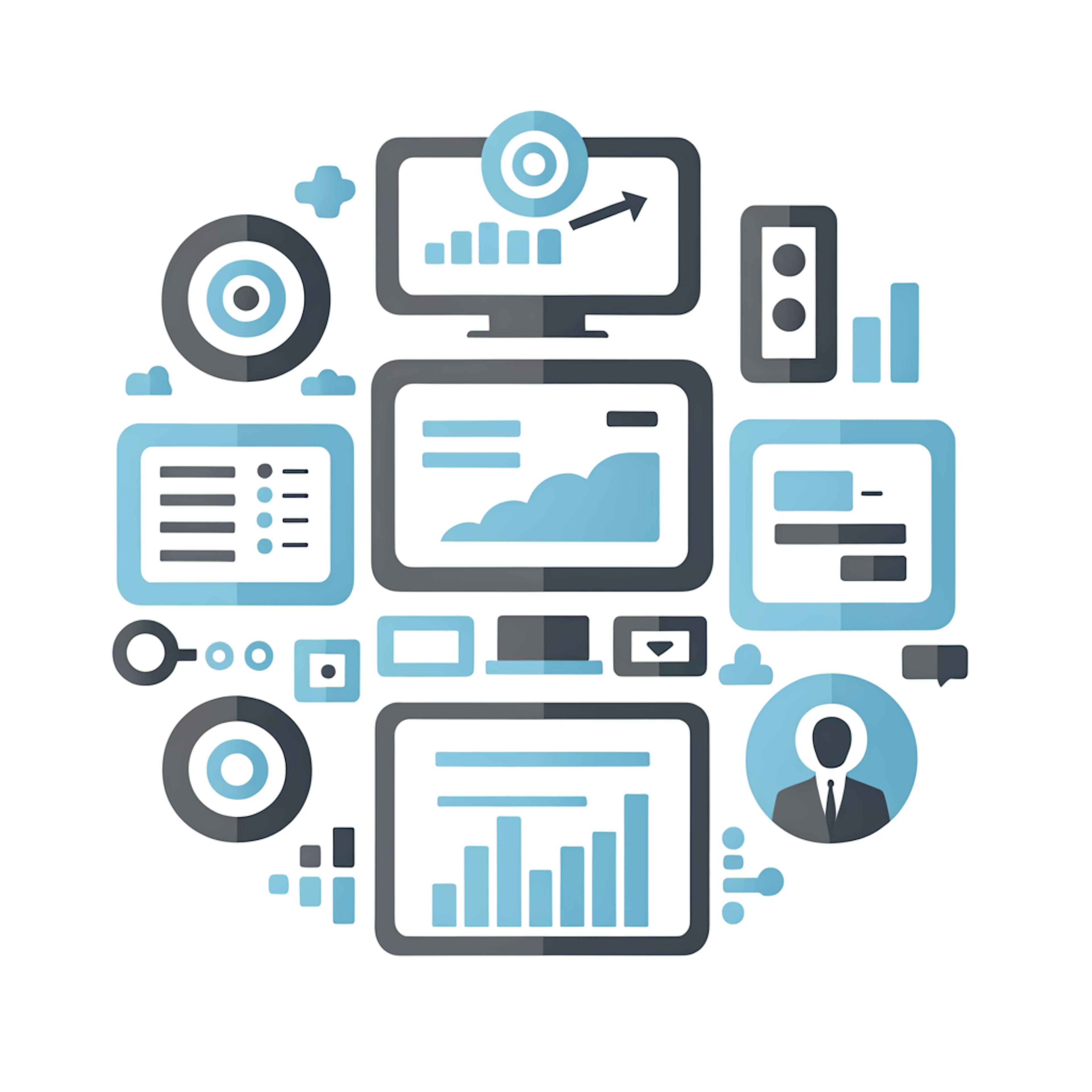 A collection of digital screens and data icons arranged in a circular formation, displaying graphs, targets, and user icons. This design represents an overview of digital analytics metrics, highlighting the importance of tracking and analyzing data for online performance optimization.