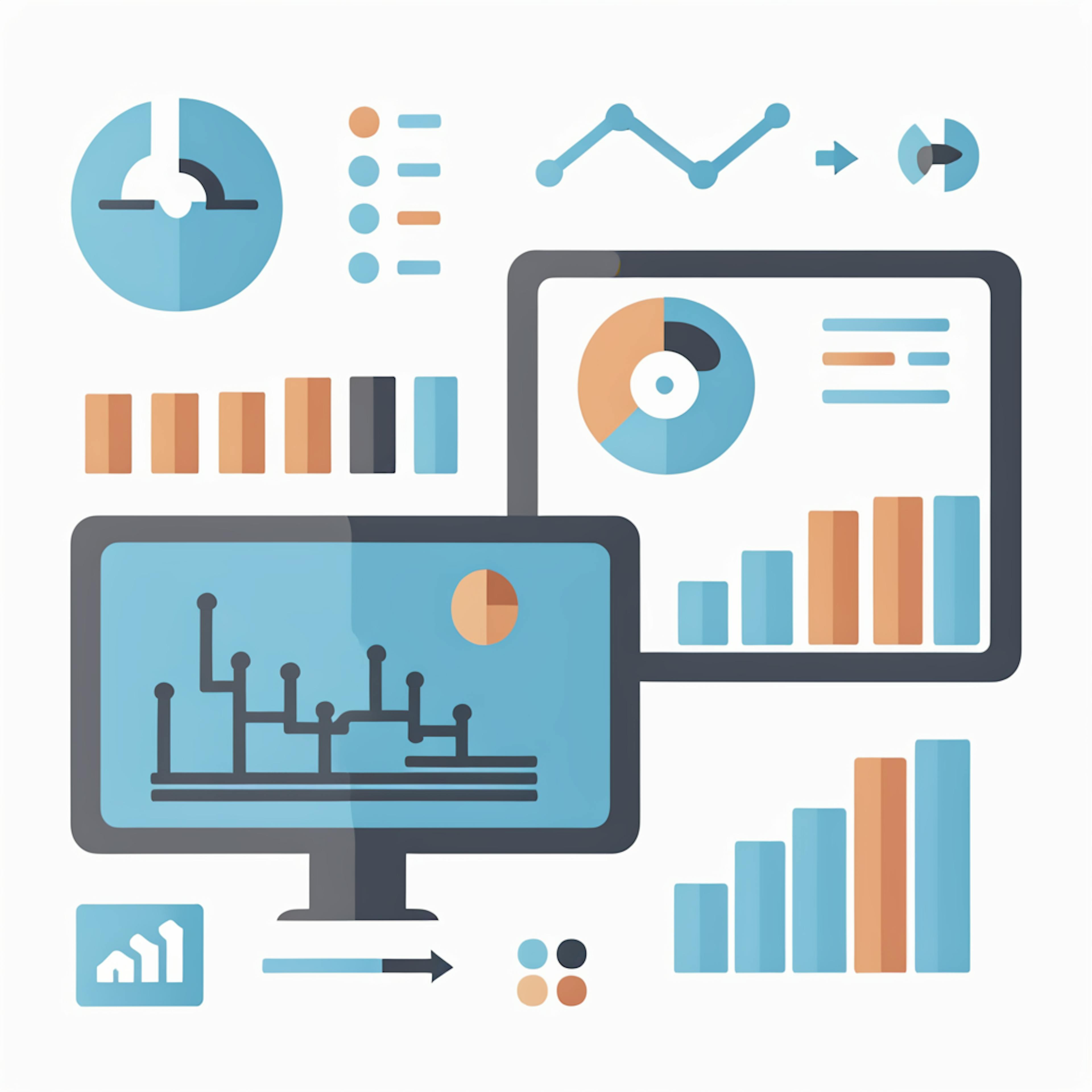 Two computer monitors filled with bar charts, line graphs, and pie charts, surrounded by additional data icons. The setup emphasizes the role of digital analytics metrics in monitoring trends, engagement, and user interactions for data-driven decision-making.