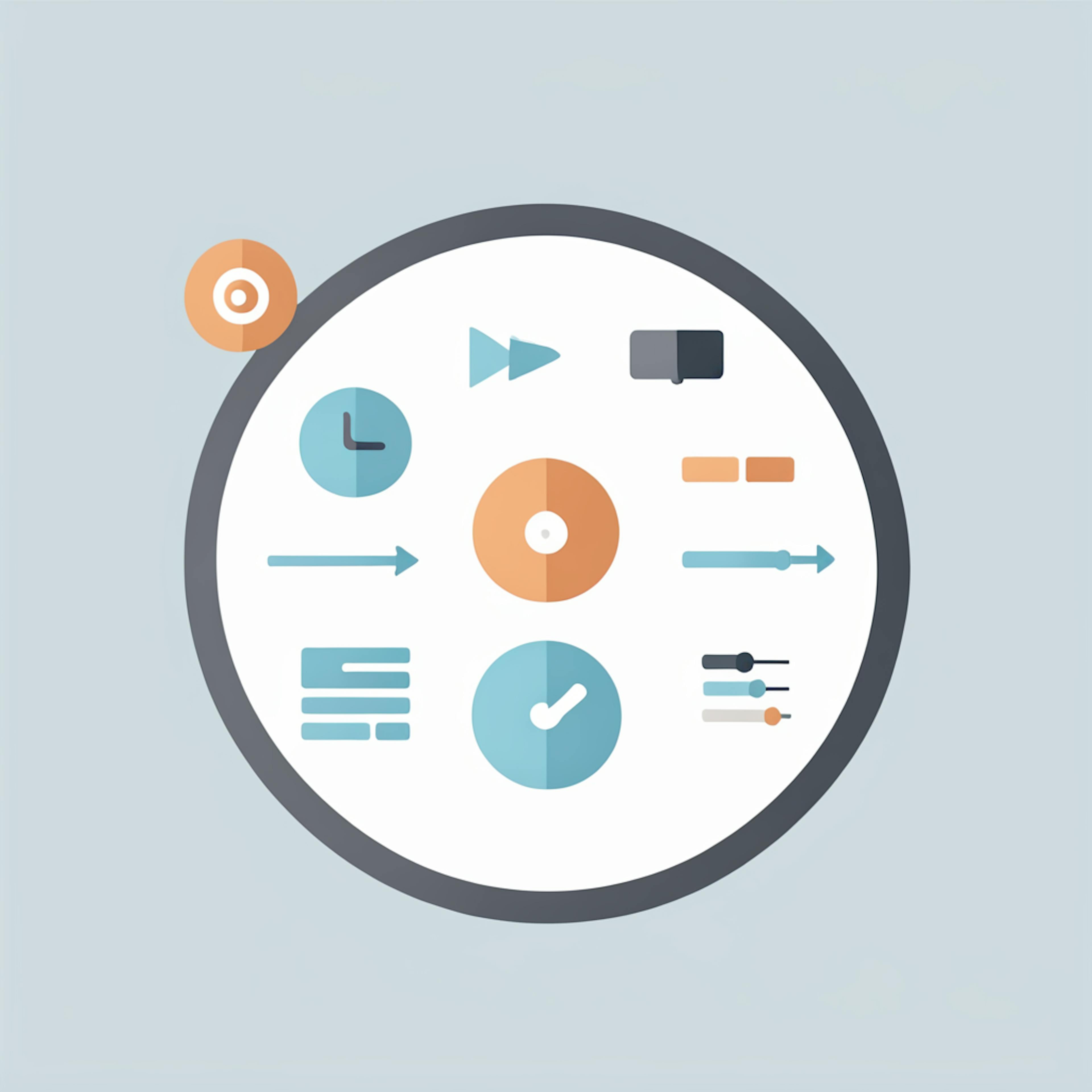 A simplified circular layout containing icons such as clocks, graphs, and sliders, symbolizing different aspects of digital analytics metrics. This illustration suggests streamlined tracking tools for measuring digital performance and user engagement metrics.