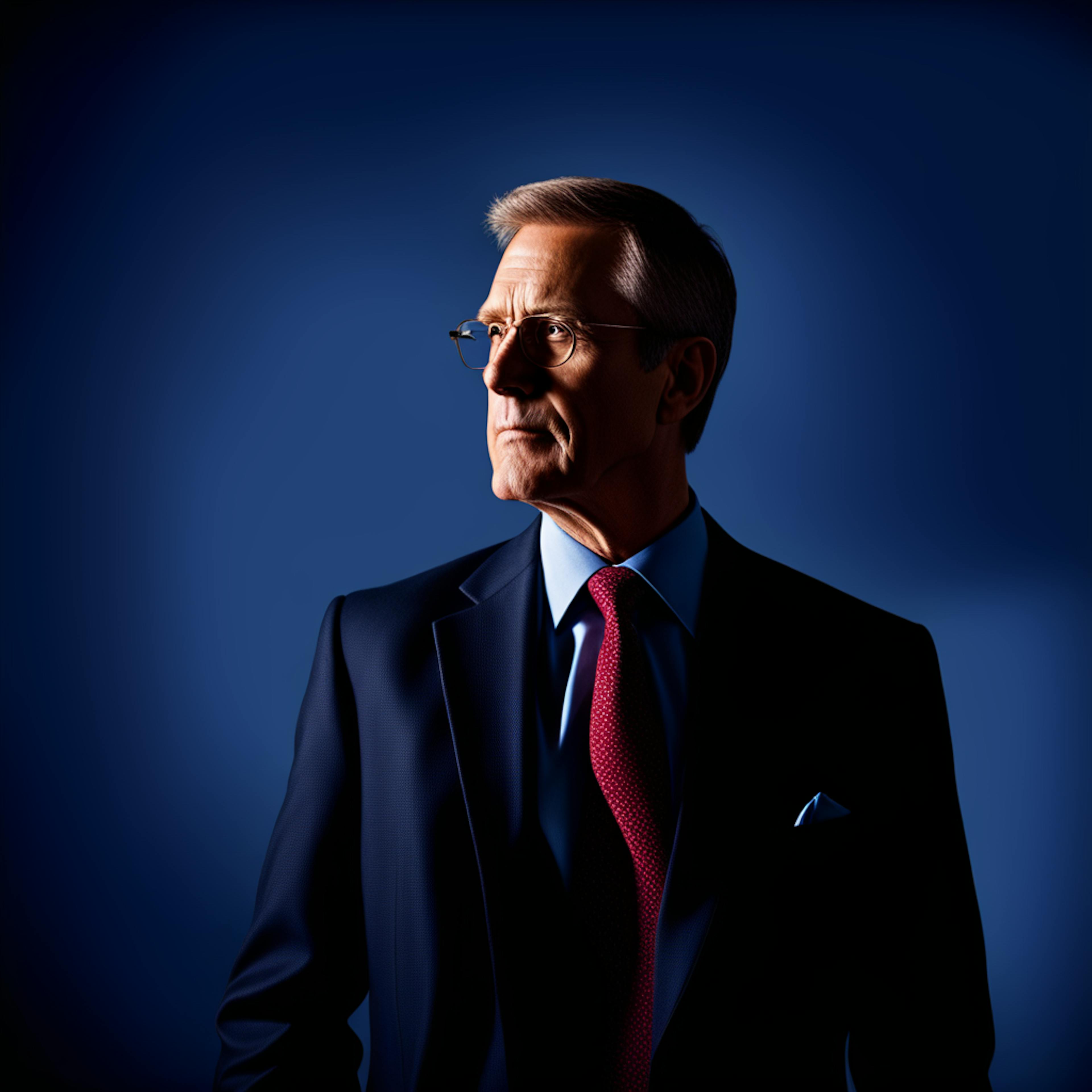 A senior professional in a suit, standing confidently against a dark blue background, representing marketing budget optimization with a focus on strategic leadership and decision-making.