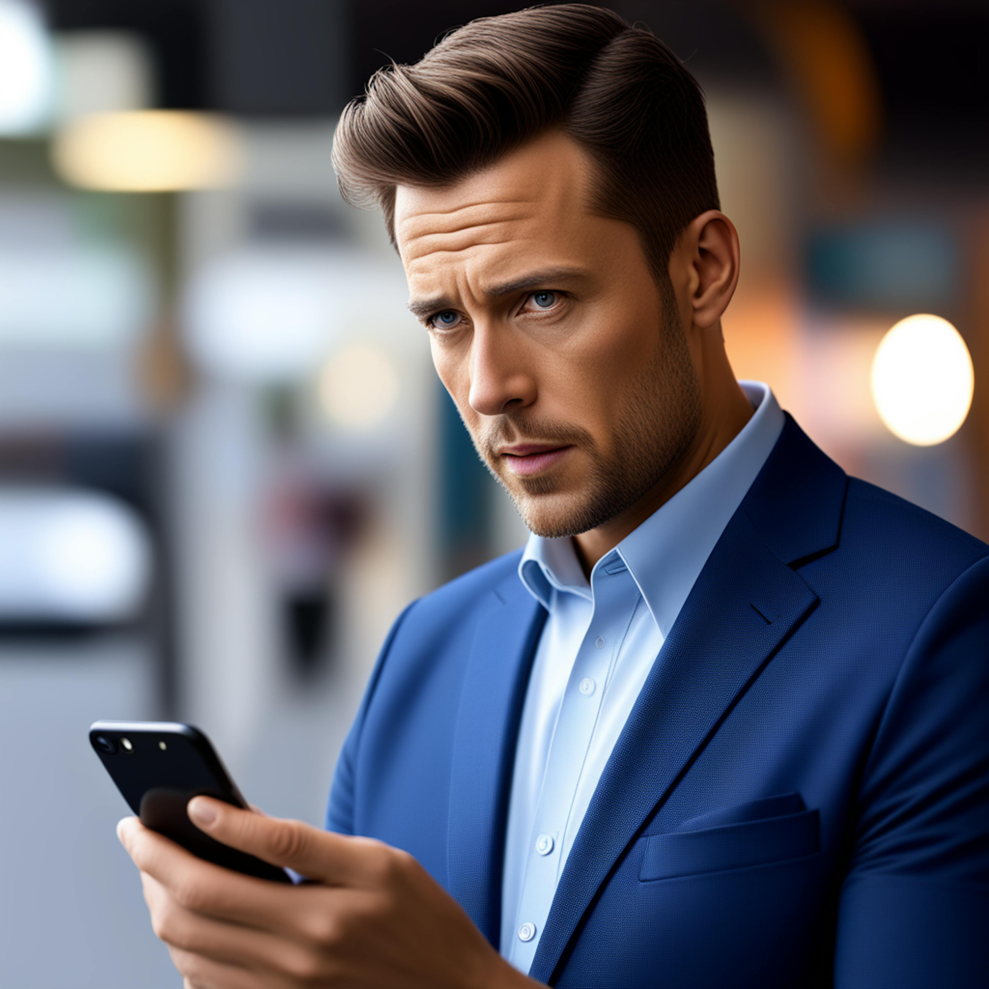 A professional in a blue suit closely examining his smartphone in a corporate setting, illustrating mobile marketing strategies that cater to business professionals and personalized content delivery.