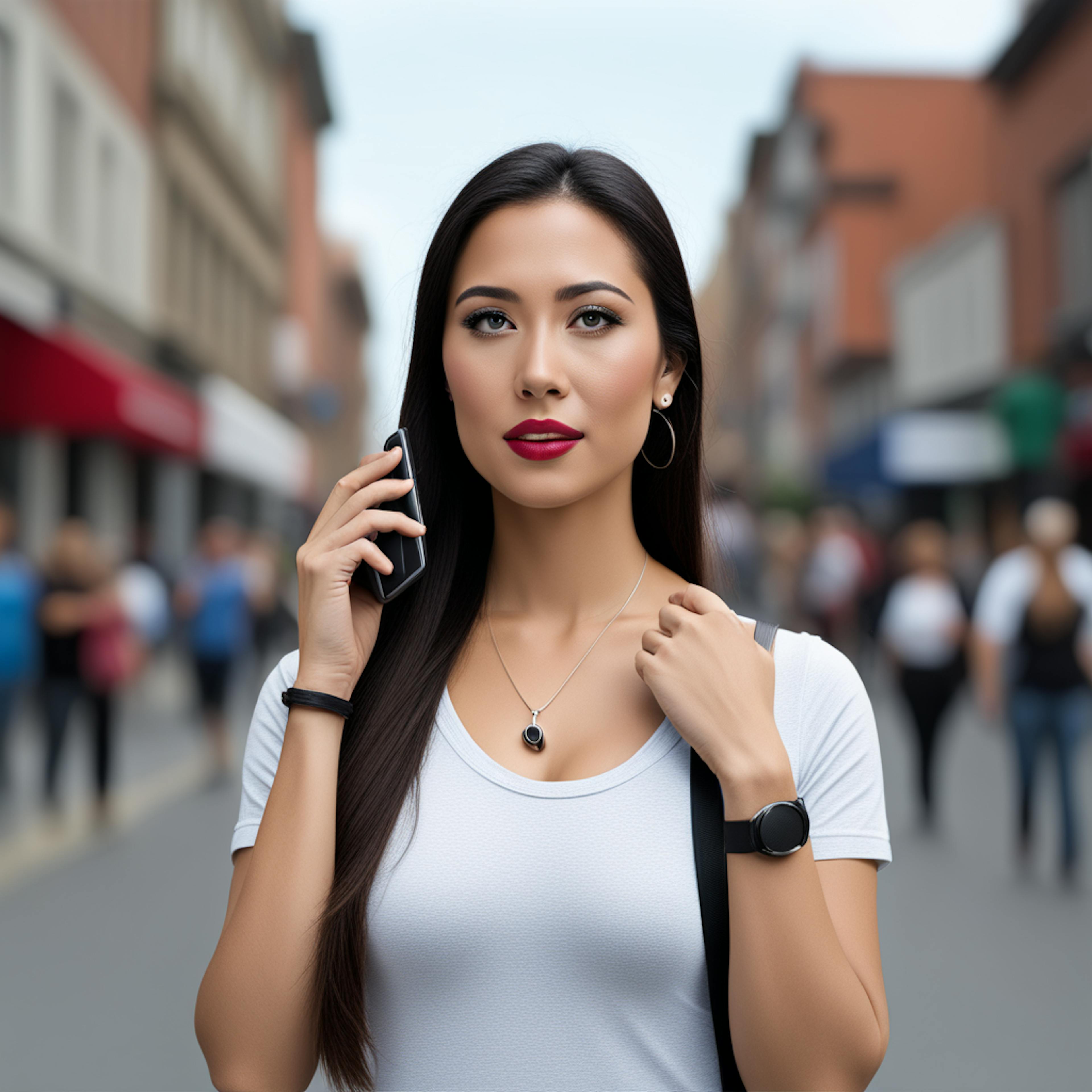 A confident woman walking in a busy street while using her smartphone, representing mobile marketing strategies that focus on location-based advertising and real-time customer engagement.