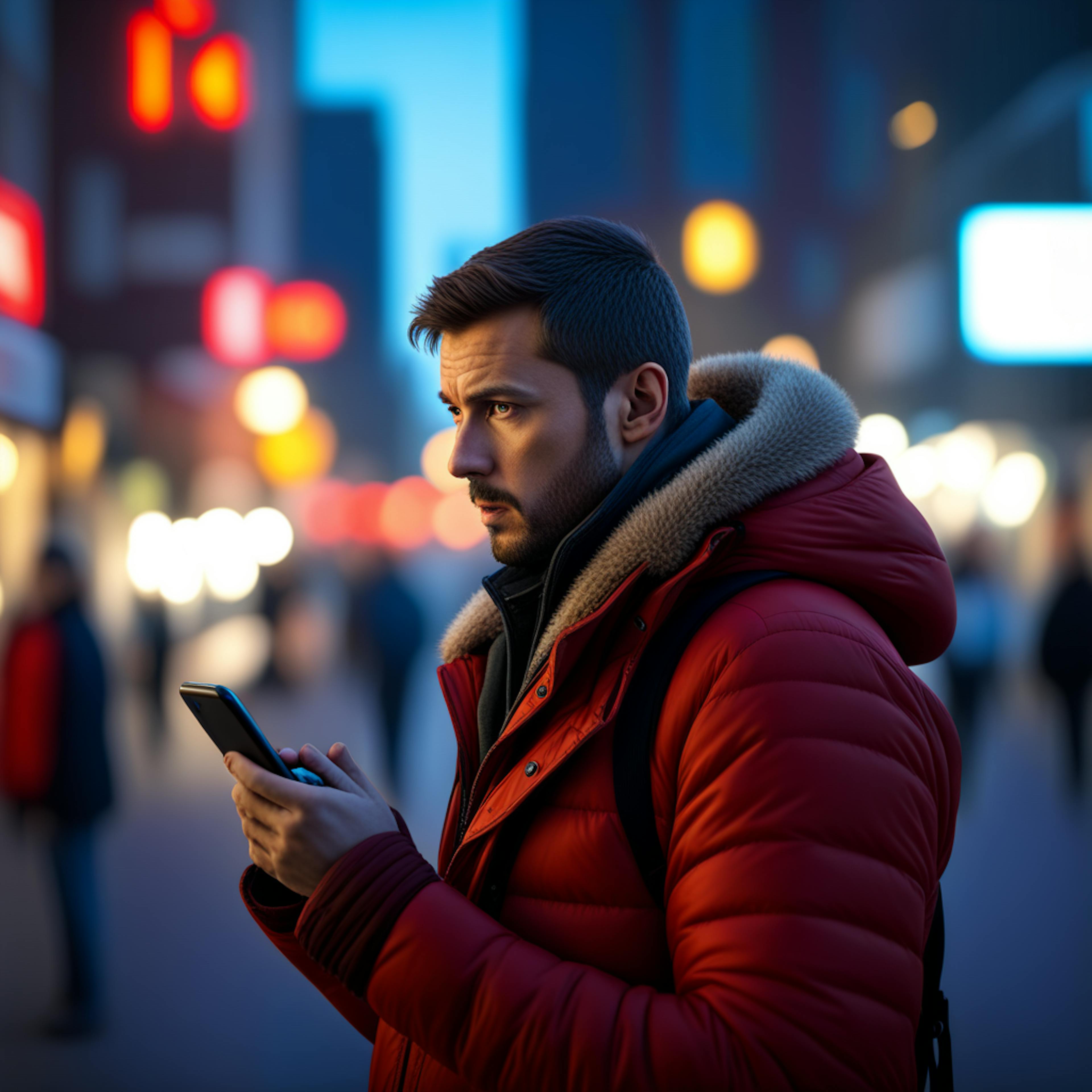 A man in a red jacket, intently focused on his smartphone in a cityscape at night, highlighting mobile marketing strategies through targeted notifications and immersive digital campaigns.