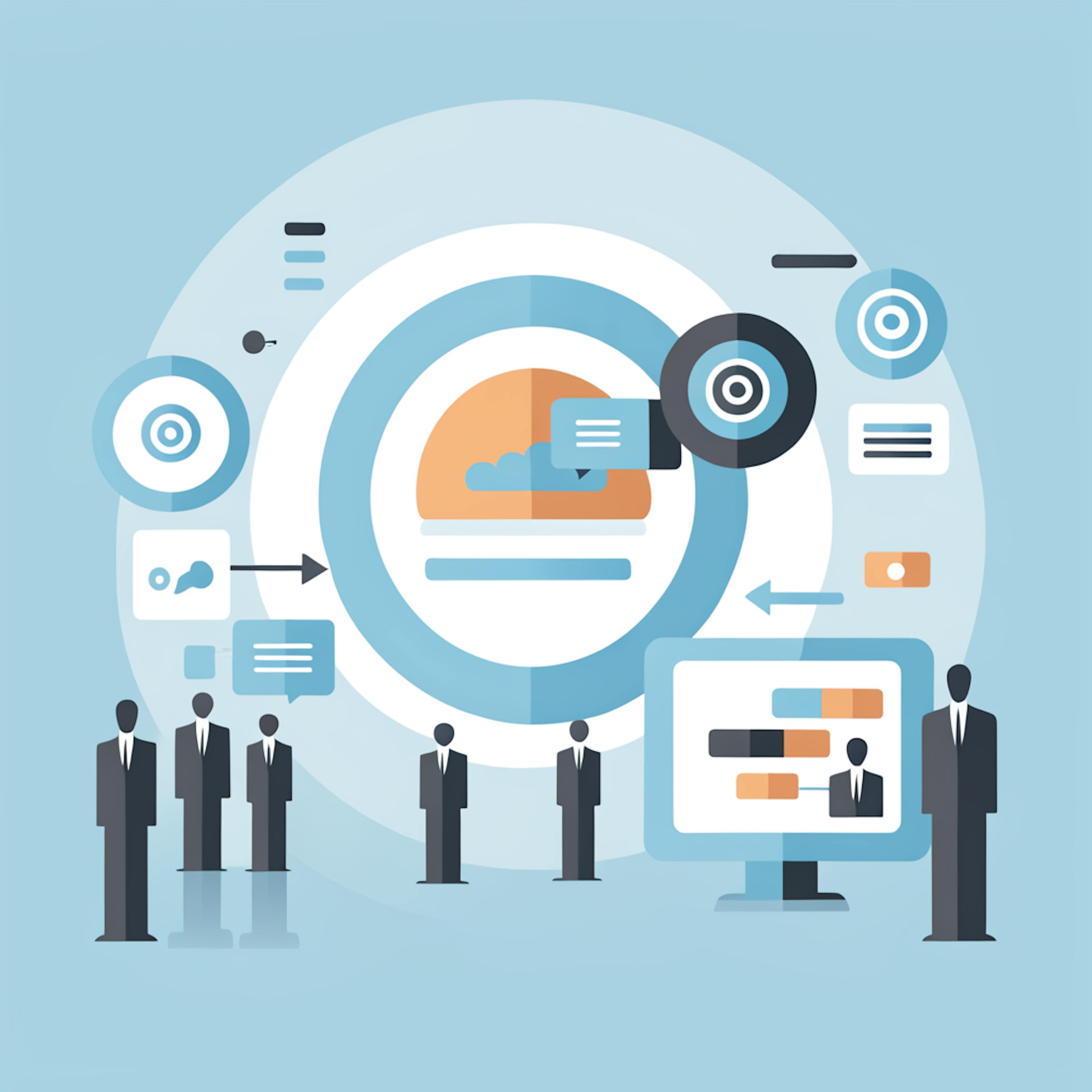 A visual representation of interconnected data points, icons, and people, illustrating how to measure marketing campaign effectiveness by analyzing engagement metrics and tracking performance indicators.